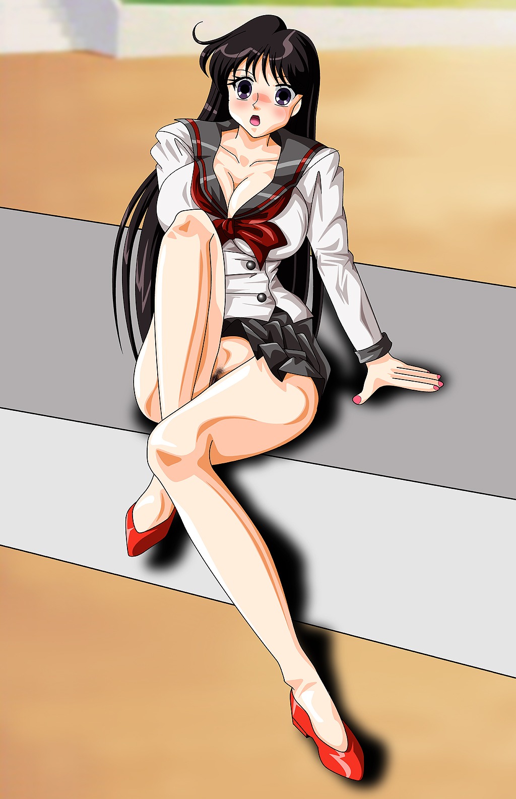 1girls bikabika bishoujo_senshi_sailor_moon black_hair blush bottomless breasts cleavage clothing color female female_only front_view human large_breasts long_hair no_panties painted_nails pubic_hair purple_eyes rei_hino rule34 school_uniform sitting skirt solo tagme