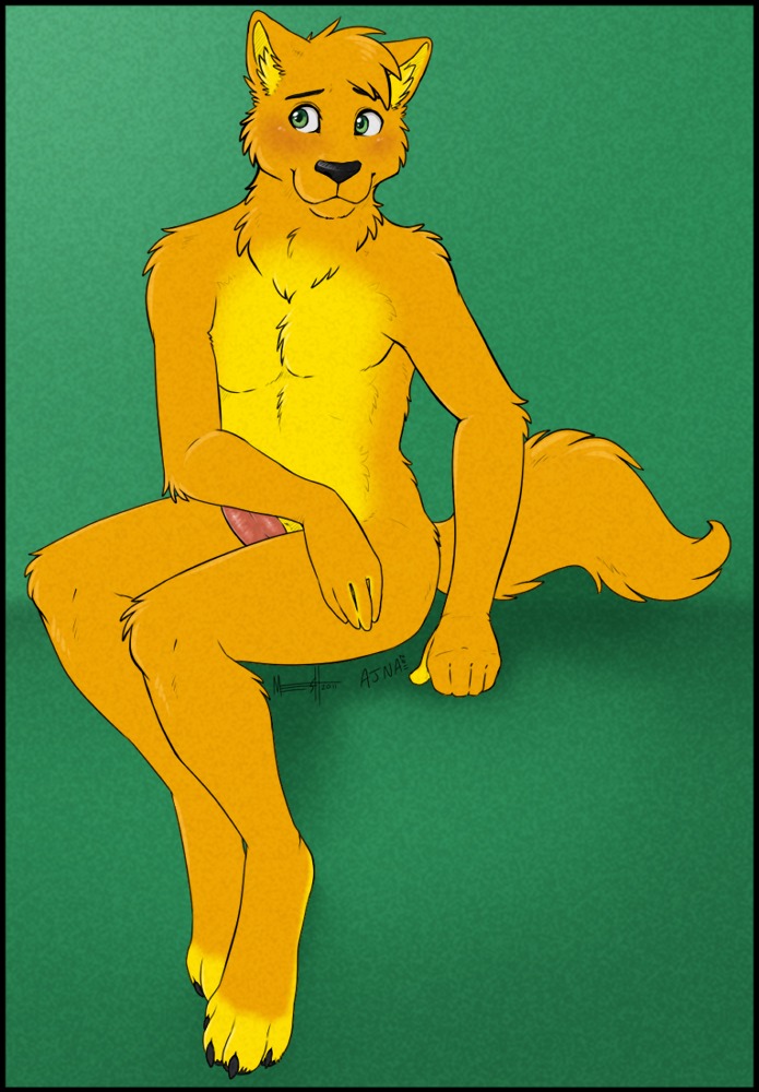 ajna anthro biped black_border blush border canid canine canis carrot carrotwolf digital_media_(artwork) e621 erection food fur genitals green_background green_eyes male mammal meesh nude penis plant shy simple_background sitting solo tail vegetable wolf