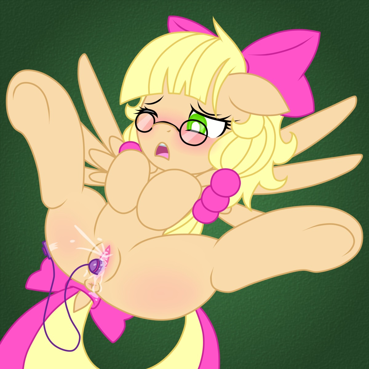1:1 2014 absurd_res accessory anus blonde_hair blush bodily_fluids bow_(feature) bow_accessory bow_ribbon butt e621 equid equine eyewear fan_character feathered_wings feathers female feral furgonomics genital_fluids genitals glasses green_background green_eyes hair hair_accessory hair_bow hair_ribbon hasbro he4rtofcourage hi_res hooves mammal my_little_pony mythological_creature mythological_equine mythology nude one_eye_closed pegasus penetration ribbons sex_toy simple_background solo spread_legs spreading tail tail_accessory tail_bow tail_ribbon vaginal vaginal_fluids vibrator vulva wings