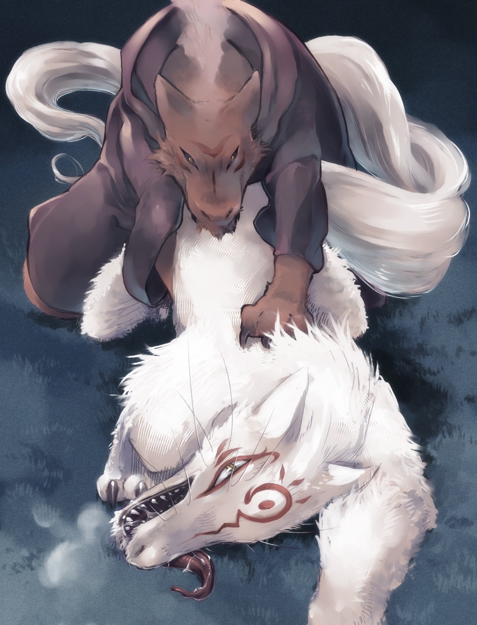 all_fours bodily_fluids canid canine canis claws doggystyle drooling duo e621 feral feral_on_feral fox from_behind_position hi_res hpa madara_(natsume_yuujinchou) male male/male mammal natsume's_book_of_friends saliva sex tail tarusaru wolf