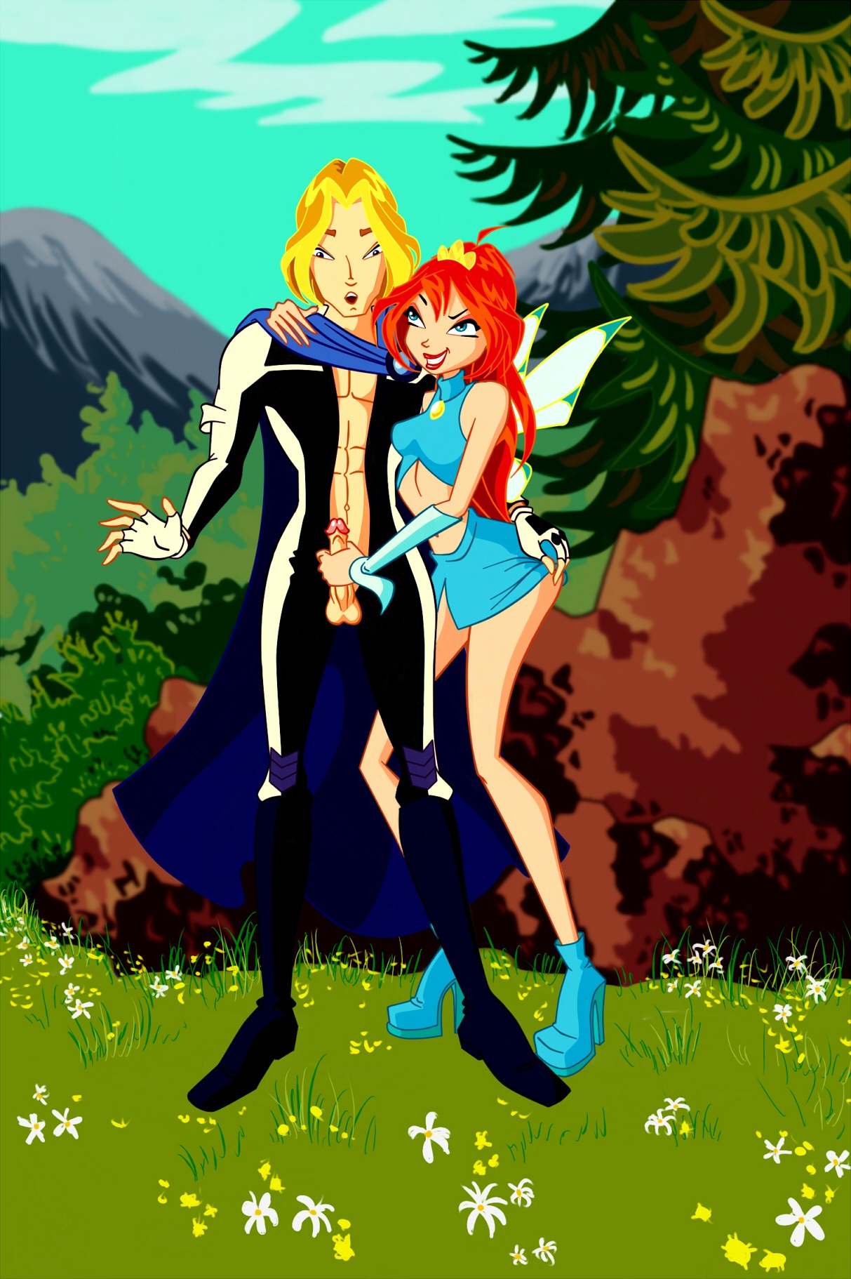 1boy 1girls ass blonde_hair bloom_(winx_club) blue_eyes breasts canon_couple charmix fairy fairy_wings female hand_on_ass handjob high_heels male orange_hair rainbow_(animation_studio) red_hair rule34 sky_(winx_club) smile smiling surprised tagme thin_waist winx_club zfive