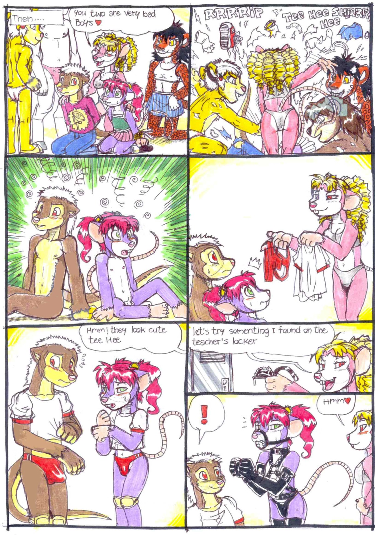 2013 angry anthro ball_gag bdsm bell black_hair blonde_hair blue_eyes blush bodily_fluids bound breasts brown_eyes brown_hair bulge canid canine caught_in_the_act chuck_(netreek) cleavage clothed clothing comic crossdressing dialogue e621 english_text erection exclamation_point eyewear felid female femboy gag gagged genitals glasses green_eyes group hair heart_symbol hi_res jaguar kneeling locker locker_room male mammal mariano midriff mustelid nipples nude open_mouth pantherine penis purple_hair sitting sweat sweatdrop tail text tiger tongue topless traditional_media_(artwork) underwear undressing vixy_(netreek) white_hair young young_anthro