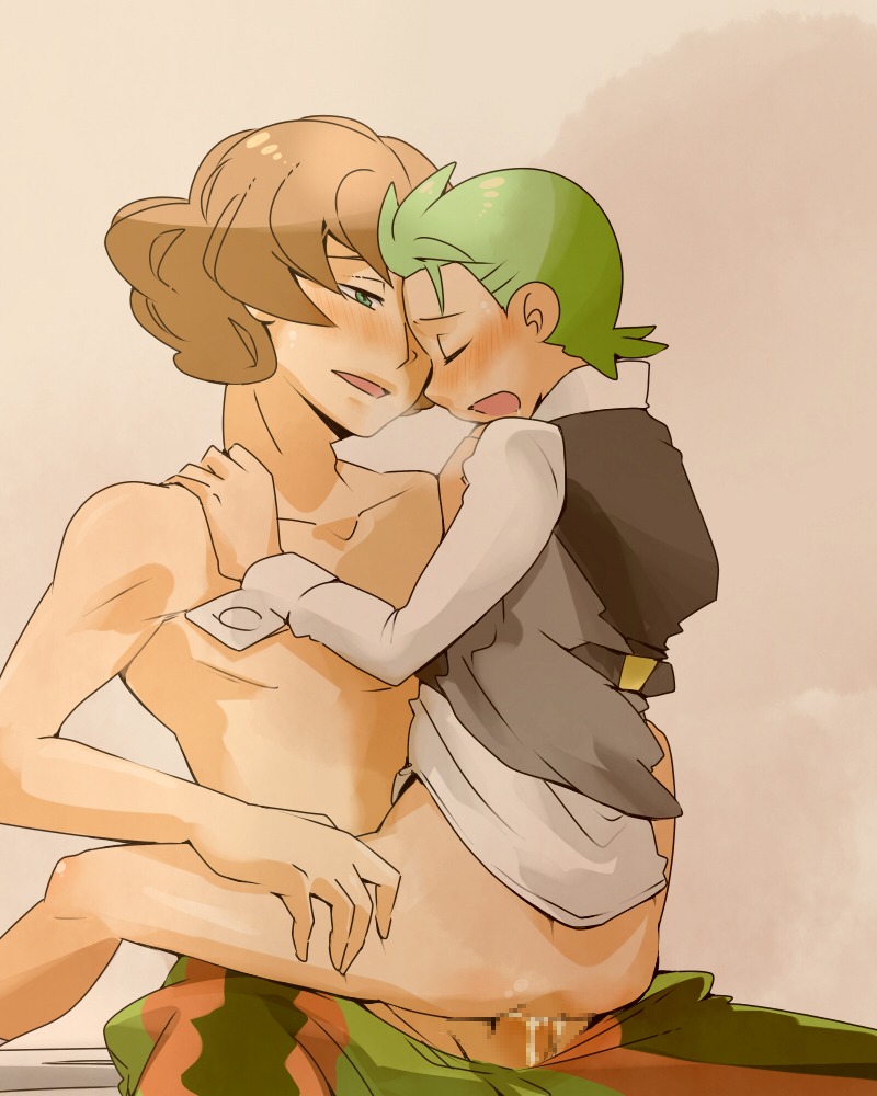 anal brown_hair burgh_(pokemon) censored cilan_(pokemon) cum genital_fluids genitals green_hair male mei_(mochimon) partially_clothed penis pokemon pokemon_bw rule34 size_difference tagme yaoi