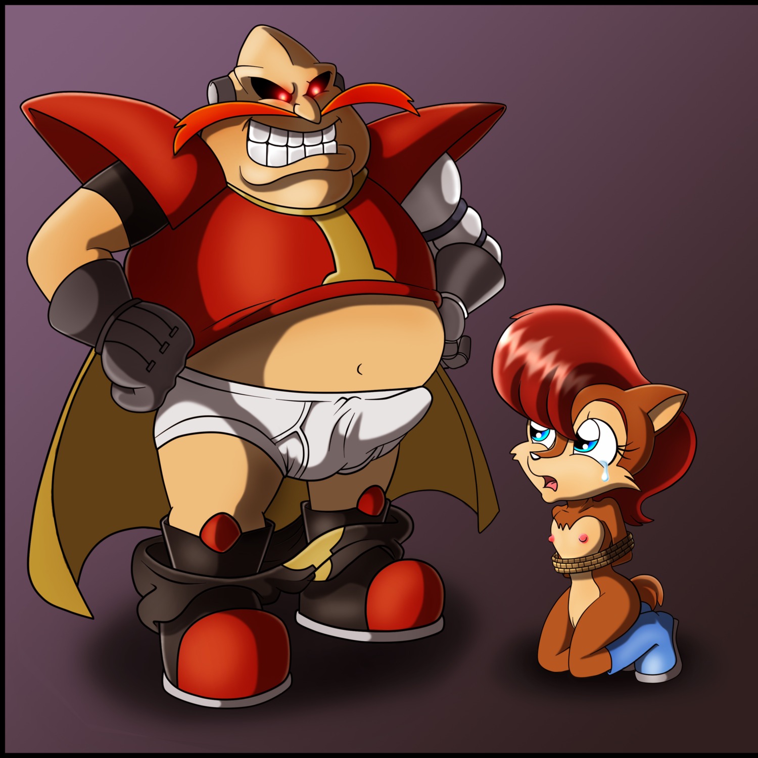 1:1 absurd_res anthro archie_comics bdsm blue_boots blue_clothing blue_footwear bodily_fluids bondage boots bound brown_body brown_fur chipmunk clothing dic_entertainment dr._eggman duo e621 erection female footwear fur genitals ground_squirrel hair hi_res human hybrid julian_robotnik male mammal nipples penis red_hair rodent sally_acorn sciurid scut_tail sega shoes short_tail sonic_the_hedgehog_(archie) sonic_the_hedgehog_(comics) sonic_the_hedgehog_(satam) sonic_the_hedgehog_(series) tail tears tree_squirrel unknown_artist