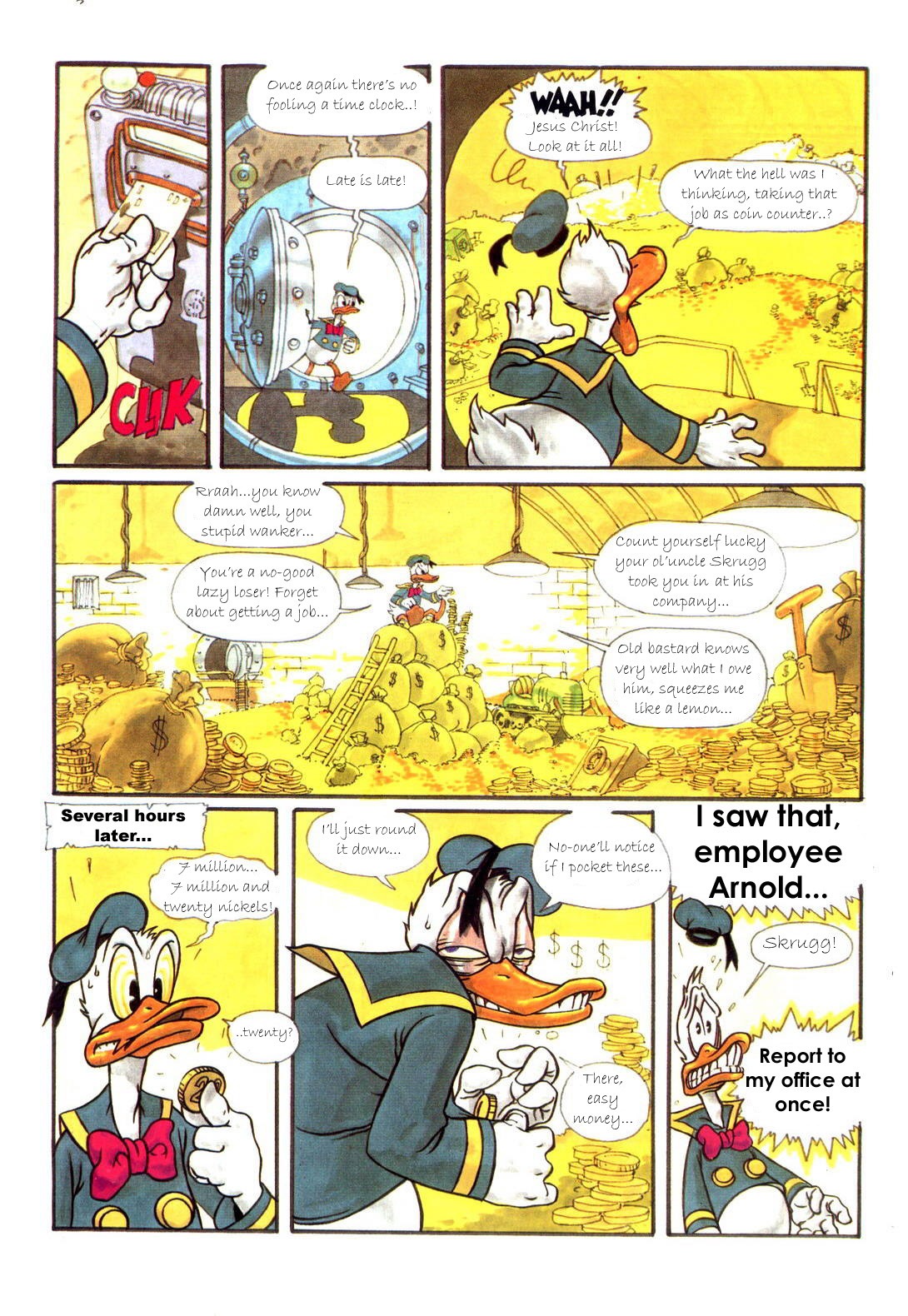 caught_in_the_act coins comic disney donald_duck lamps lampshade male male_only money_bag money_bin nickel rule34 safe_(container) shocked shovel stack_of_coins time_clock