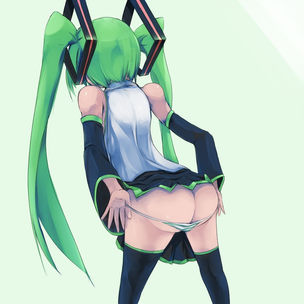 1girl 1girls 2d artist_request ass bangs bare_shoulders big_ass black_skirt black_thighhighs color detached_sleeves female female_only from_behind green_background green_hair grey_shirt hair_ornament hatsune_miku light-skinned_female light_skin long_hair panties panties_down panty_pull pleated_skirt rule34 shirt simple_background skirt sleeveless sleeveless_shirt sleeves solo striped striped_panties thighhighs twintails underwear very_long_hair vocaloid