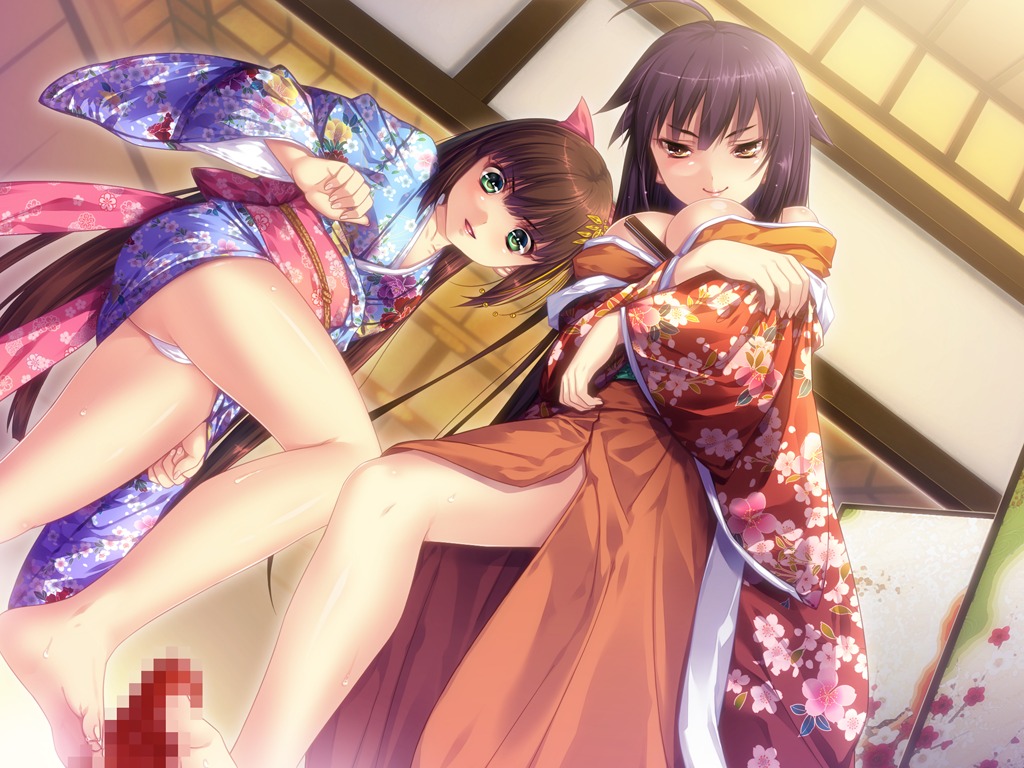 barefoot black_hair brown_hair censored female game_cg hakama japanese_clothes kimono male mosaic_censoring nitou_ou_mono_wa_ittou_mo_ezu no_bra obi panties penis rule34 underwear yukata