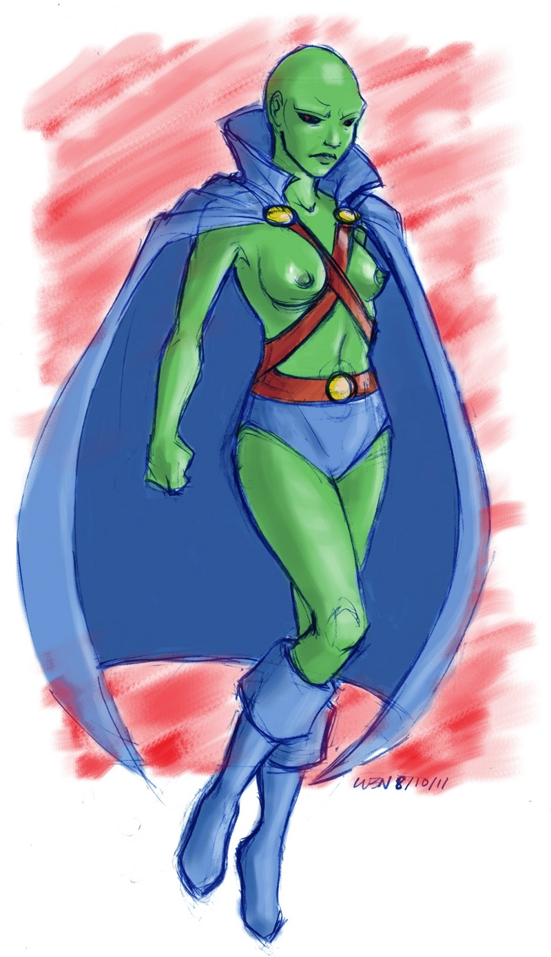 black_sclera boots breasts cape closed_mouth clothes color dc dc_comics female female_only flying footwear green_nipples green_skin martian_manhunter nipples open_eyes red_eyes round_ears rule34 rule_63 sketch solo topless