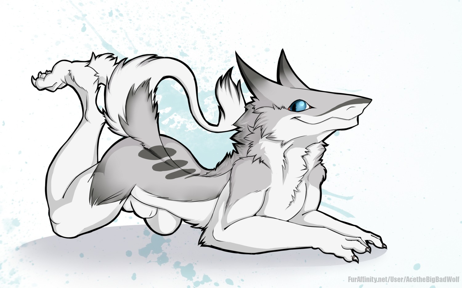 16:10 acethebigbadwolf alien animal_genitalia anthro blue_eyes cel_shading claws e621 fluffy fully_sheathed fumei fur genitals grey_markings hi_res male mammal markings nude paint_splatter sergal shaded sheath smile solo tail widescreen