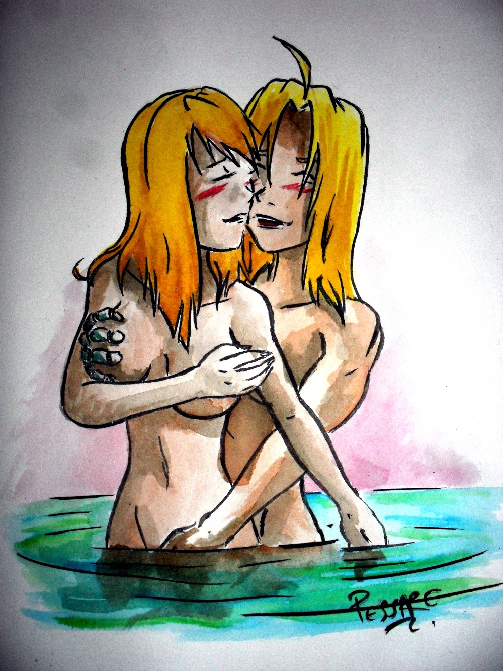 automail beige_skin breast_grab breasts closed_eyes color covering edward_elric female front_view fullmetal_alchemist human male nude pessaro rule34 tagme water winry_rockbell