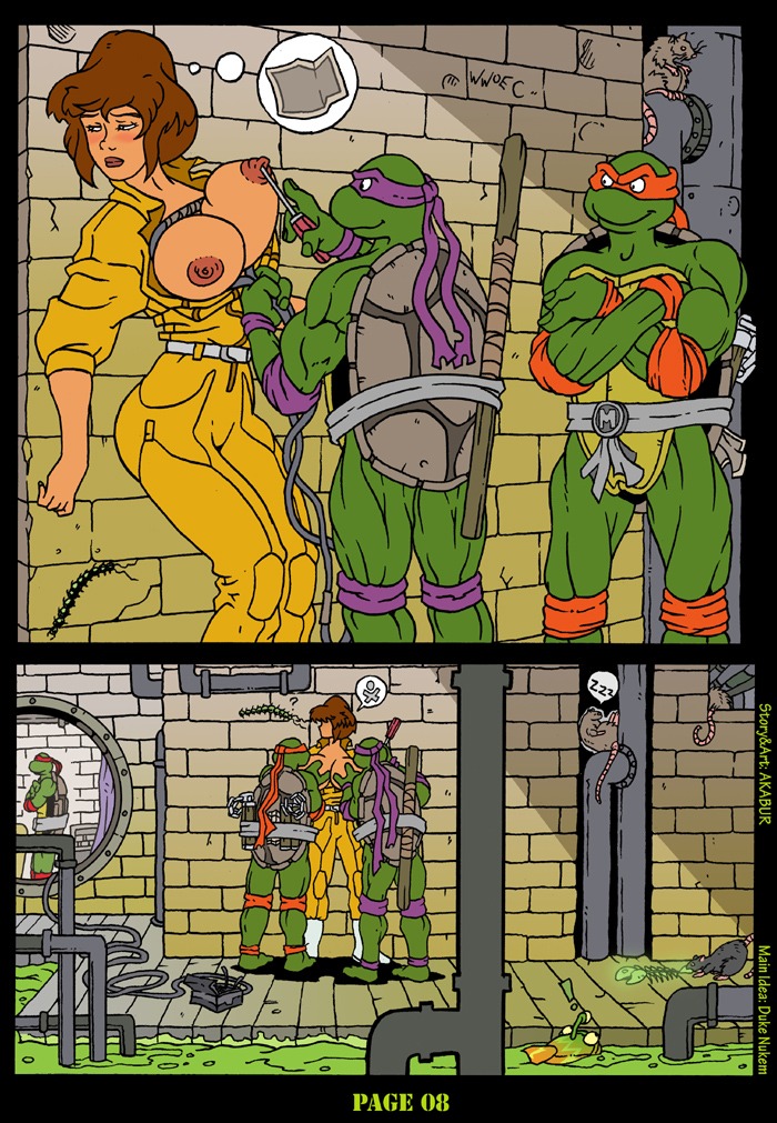 akabur anthro april_o'neil areola comic donatello_(tmnt) e621 female female_on_anthro group human human_on_anthro interspecies male male_on_human mammal mask michelangelo_(tmnt) nipple_fetish nipple_play nipples pictographics raphael_(tmnt) reptile scalie speech_bubble teenage_mutant_ninja_turtles toony turtle