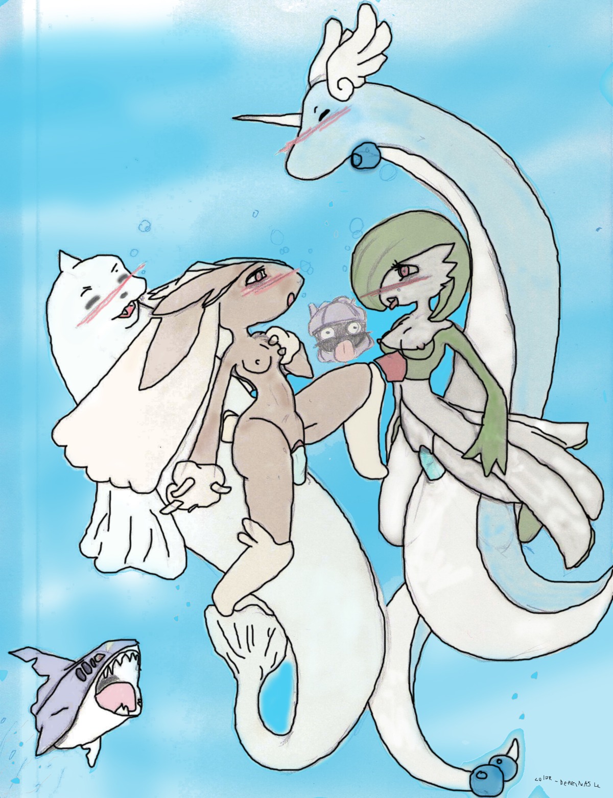 anthro blush cowgirl_position dewgong dragonair dress female female_on_top gardevoir green_hair humanoid interspecies lopunny male nintendo pok&eacute;mon_(species) pokemon pokemon_(species) pokemon_rse red_eyes reverse_cowgirl_position rule34 sex sharpedo shellder short_hair straight white_skin
