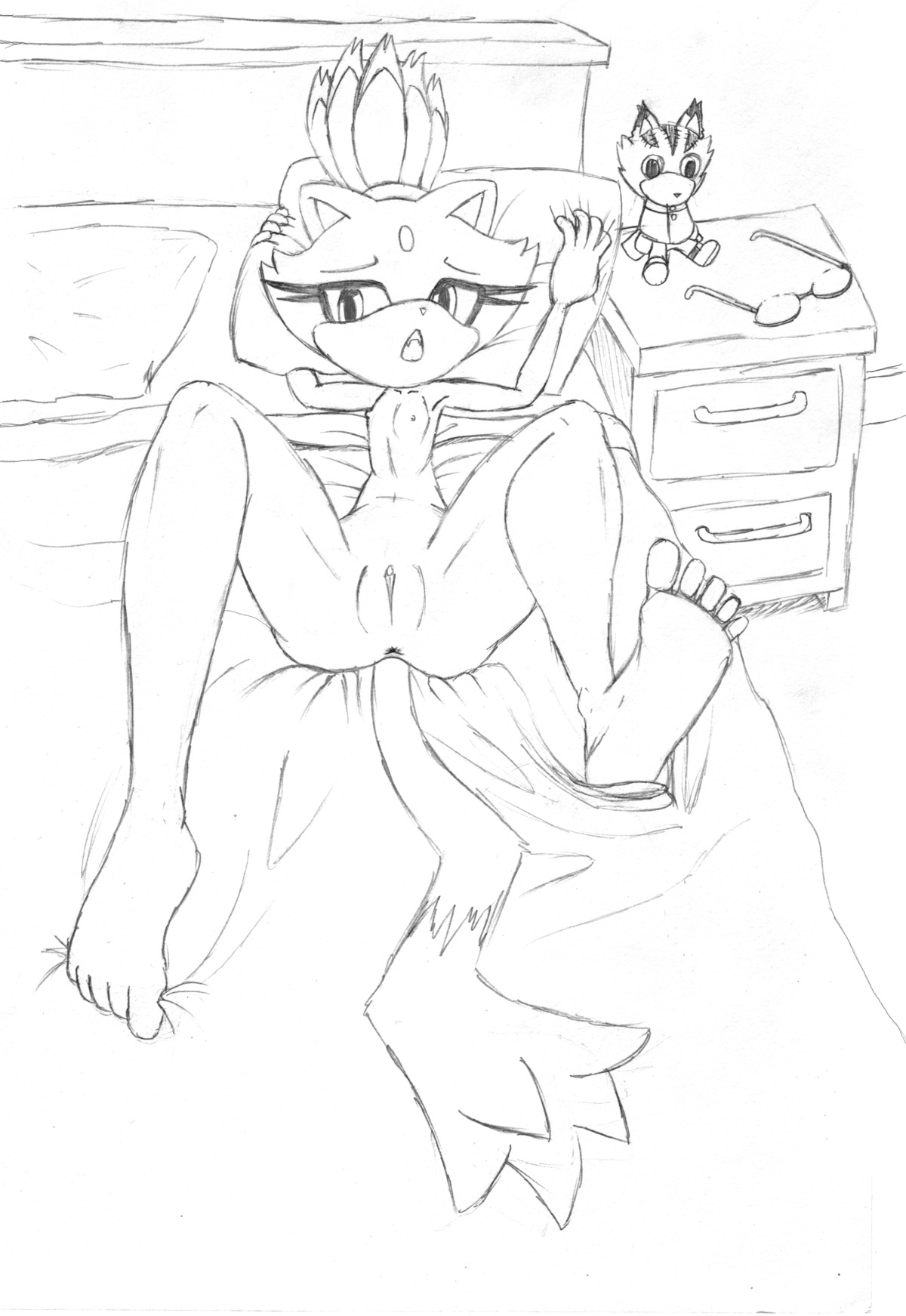 5_toes absurd_res anthro anus bed biped bit-small blaze_the_cat breasts domestic_cat e621 eyewear feet felid feline felis female furniture genitals glasses hi_res hindpaw lying mammal monochrome nipples on_back open_mouth paws pillow sega sketch small_breasts solo sonic_the_hedgehog_(series) spread_legs spreading toes vulva