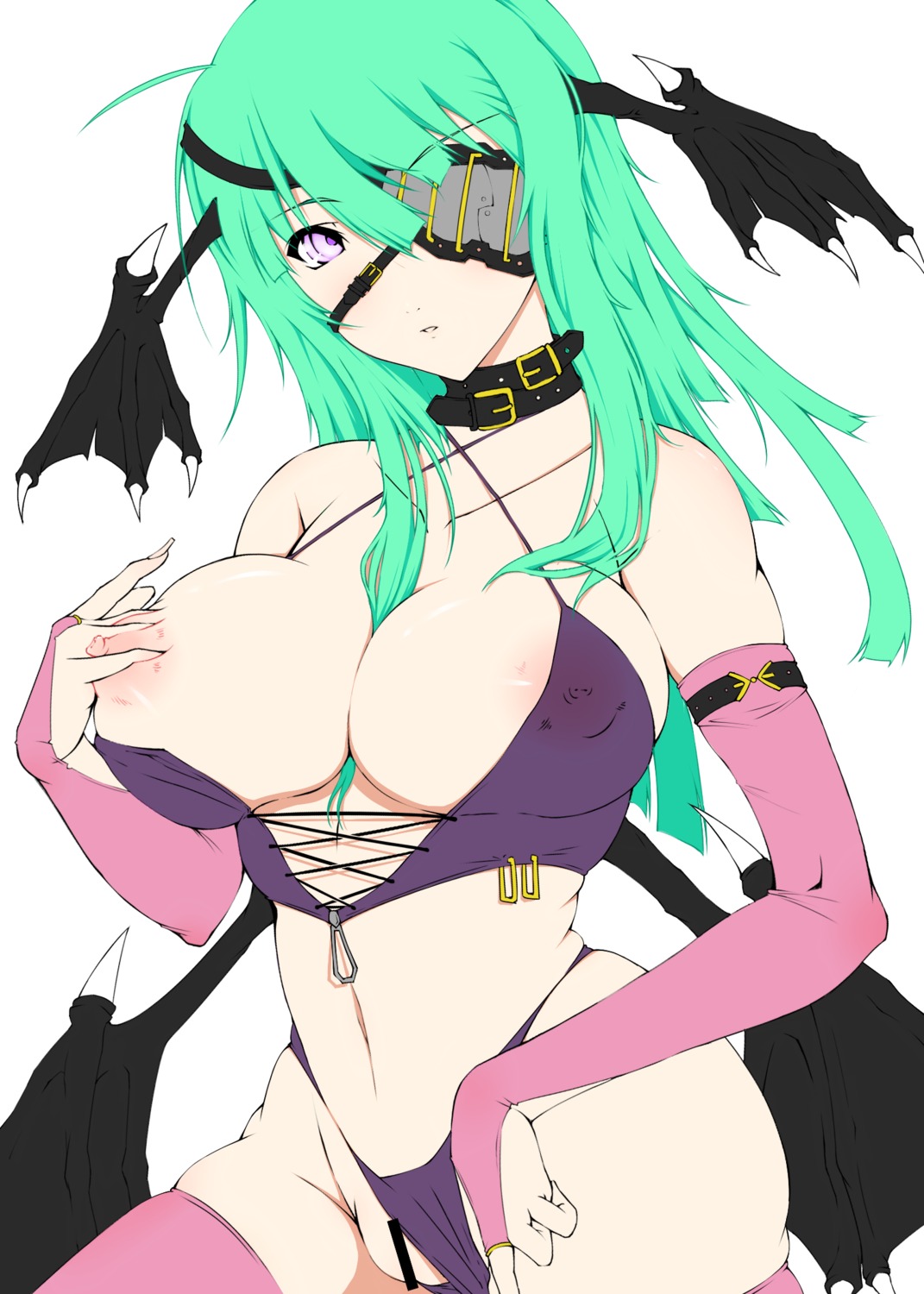 1girls aqua_hair bare_shoulders bat_wings belt between_breasts breast_slip breasts bridal_gauntlets capcom censored choker cleavage clothing darkstalkers demon elbow_gloves erect_nipples eye_patch female fingerless_gloves gloves hair_between_breasts head_wings highres large_breasts long_hair medium_breasts morrigan_aensland navel nipple_tweak nipples one_breast_out panties panties_aside puffy_nipples purple_eyes rule34 see-through shiriya solo stockings succubus thighhighs underwear white_background wings