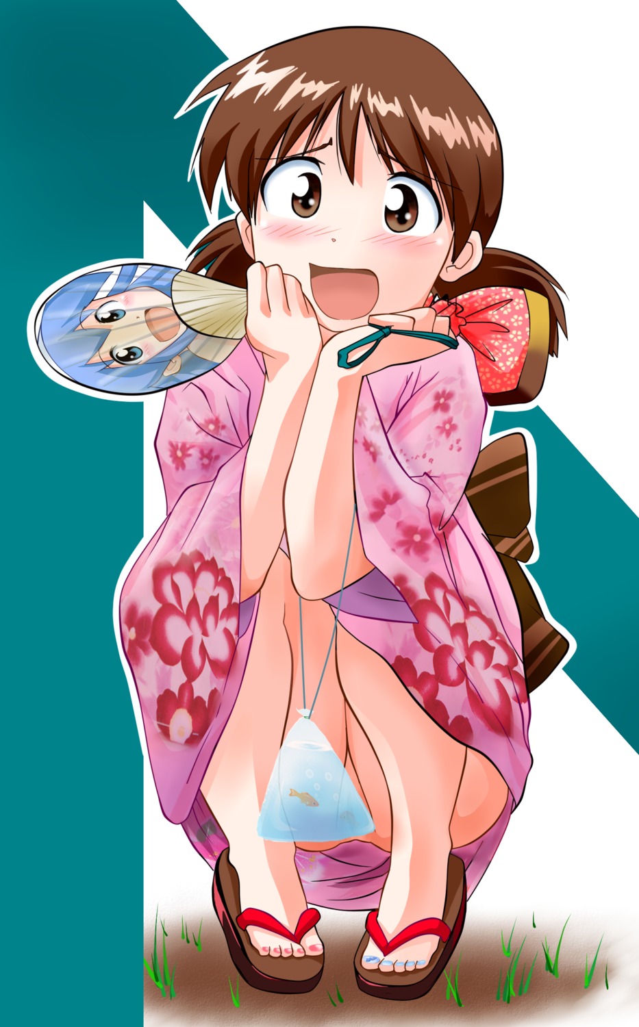 blush brown_eyes brown_hair female kimono nagatsuki_sanae no_panties rule34 shinryaku!_ikamusume smiling_at_viewer tagme