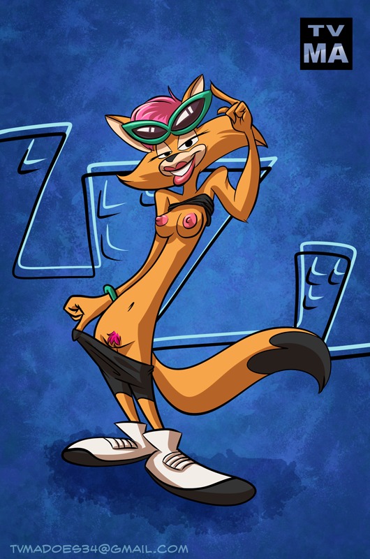 2011 anthro breasts domestic_cat e621 eyewear felid feline felis female katleen mammal mc_skat_kat_and_the_stray_mob nipples solo sunglasses tail text toony tvma url
