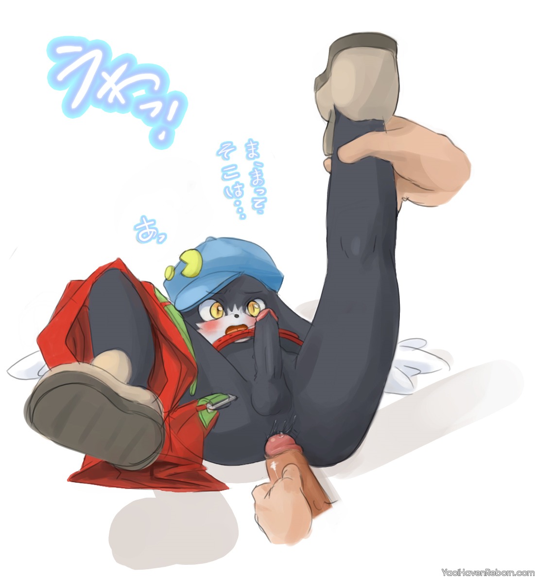 anthro anus balls bandai_namco black_body black_fur black_nose black_penis blush bodily_fluids bottomwear butt clothed clothing collar cum cum_in_ass cum_inside cum_on_penis domestic_cat duo e621 ellipsis erection faceless_character faceless_male felid feline felis footwear fur genital_fluids genitals grasp hat headgear headwear human humanoid_genitalia humanoid_penis japanese japanese_text klonoa klonoa_(series) lying male male/male mammal on_back open_mouth orgasm partially_clothed penis pupils raised_leg shiroisora shoes shorts simple_background slit_pupils spread_legs spreading tan_penis text tongue url white_background white_body white_fur yellow_eyes