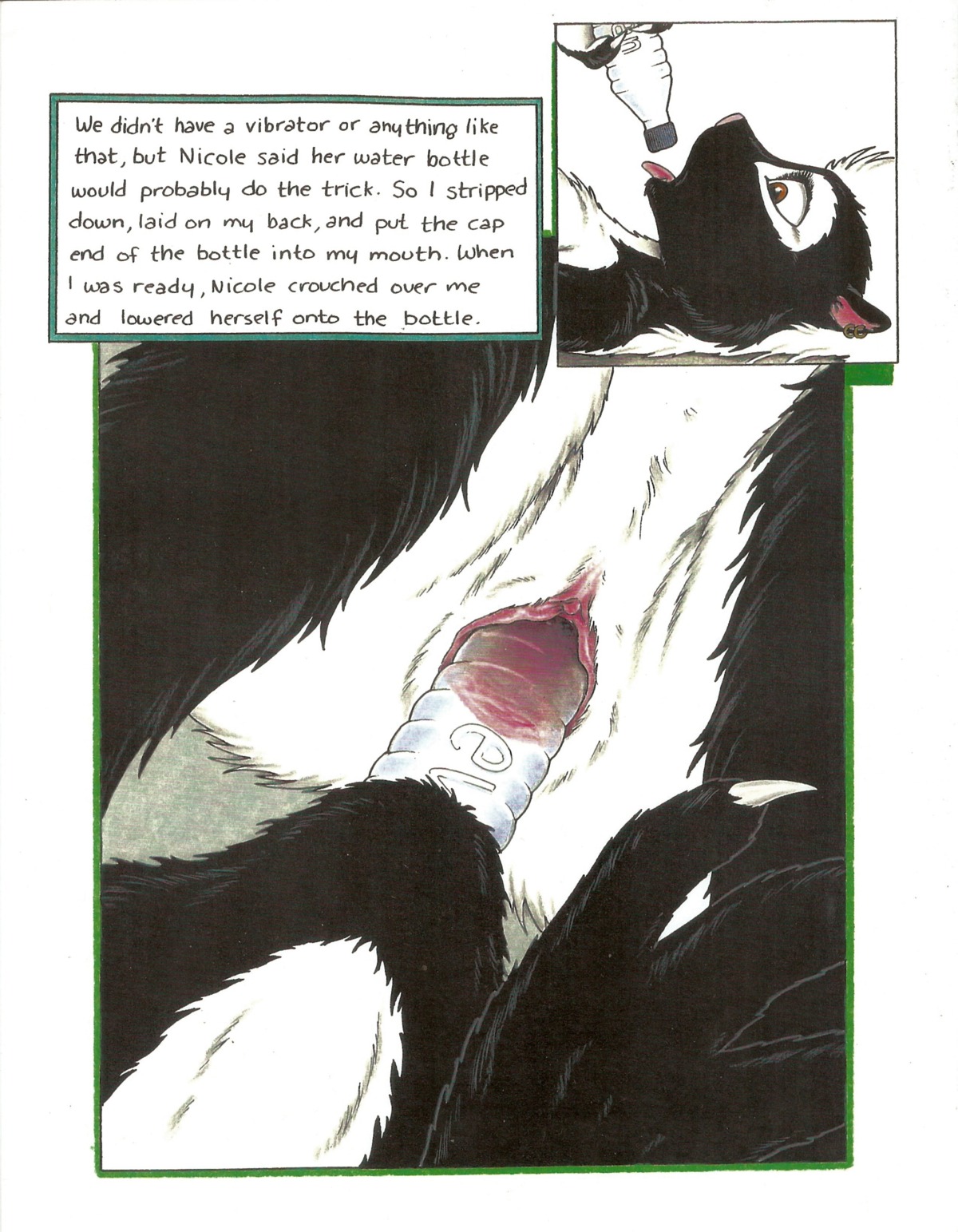 absurd_res anthro black_body black_fur bottle comic container dildo e621 english_text female female/female fur genitals hair hi_res improvised_dildo improvised_sex_toy james_m_hardiman mammal mephitid nicole_(jmh) nude onyx_(jmh) penetration piercing sex_toy skunk solo text transparent_dildo transparent_sex_toy vaginal vaginal_penetration vulva water_bottle white_body white_fur white_hair