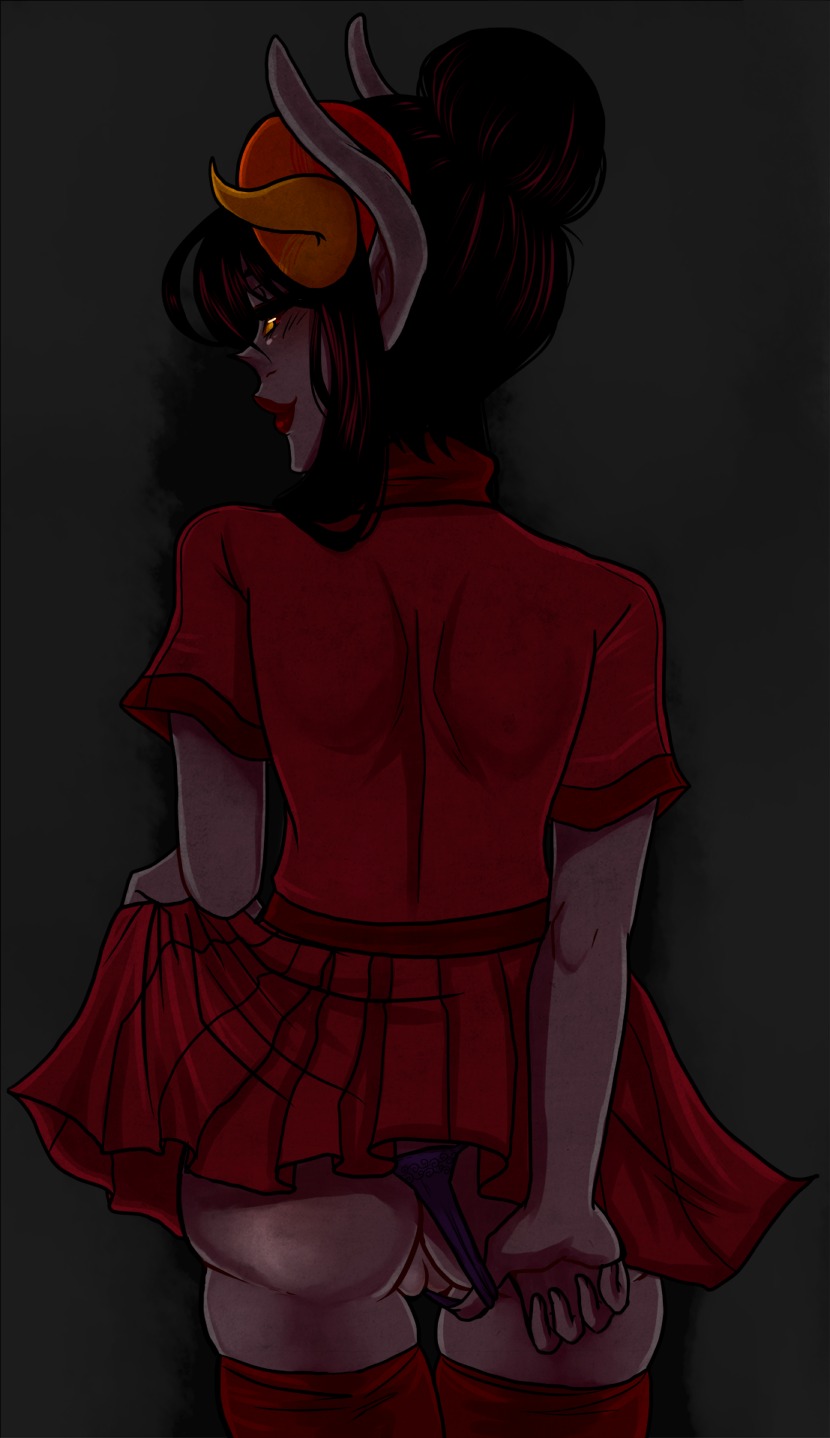 alien alien_humanoid bottomwear clothed clothing damara_megido e621 female genitals hi_res homestuck horn horned_humanoid humanoid looking_back ms_paint_adventures not_furry panties presenting pride-kun rear_view skimpy skirt solo thong troll_(homestuck) underwear vulva yellow_eyes