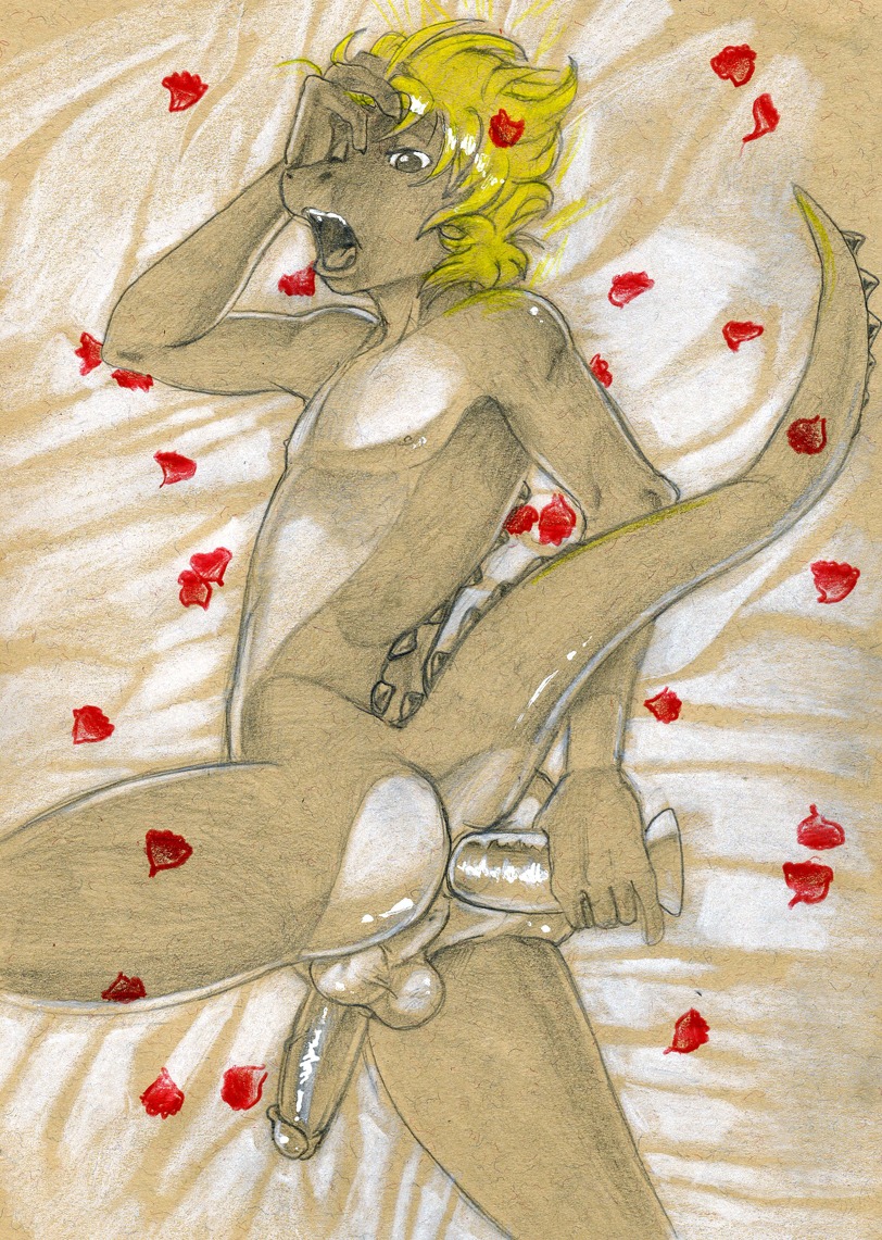 2012 anal anal_masturbation anal_penetration anthro anus backsack balls blonde_hair butt circumcised crocodile crocodilian dildo dildo_in_ass dildo_insertion e621 erection genitals graphite_(artwork) hair humanoid_genitalia humanoid_penis looking_pleasured male masturbation nude object_in_ass one_eye_closed open_mouth penetration penis petals raised_tail reptile restricted_palette rose_petals scalie sex_toy sex_toy_in_ass sex_toy_insertion solo tail toying_self traditional_media_(artwork) tush_(artist)