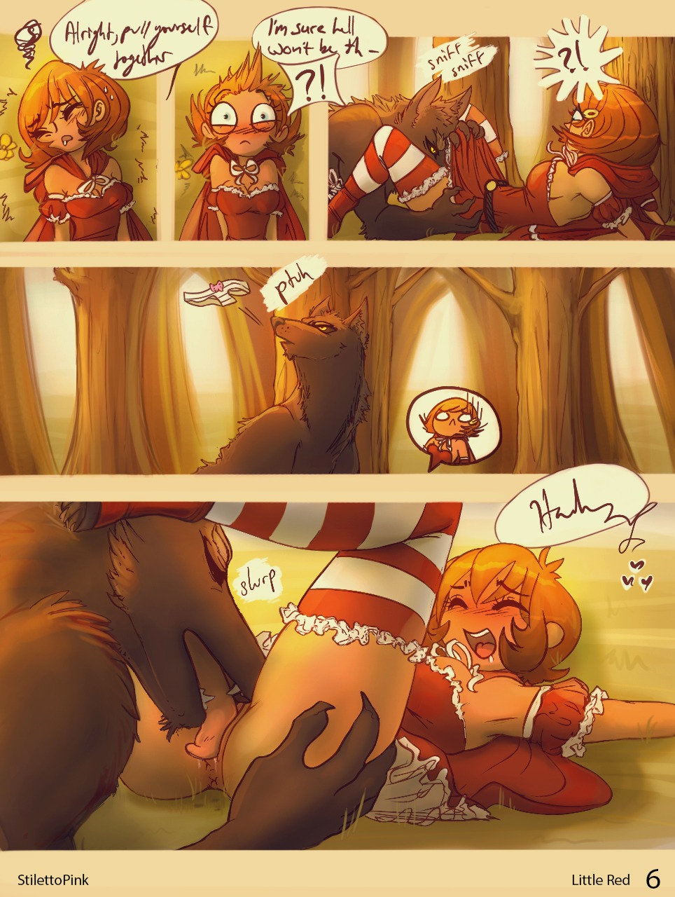 2013 anthro anus big_bad_wolf blue_eyes blush brown_hair canid canine canis clothing comic cunnilingus detailed_background digital_media_(artwork) dress duo e621 english_text exclamation_point fairy_tales female female_on_anthro forest genitals hair heart_symbol hi_res human human_on_anthro interspecies legwear little_red_riding_hood little_red_riding_hood_(copyright) male male/female male_on_human mammal oral outside panties pattern_clothing pattern_legwear plant question_mark sex stilettopink stockings striped_clothing striped_legwear stripes text tongue tree underwear vaginal vulva watsup wolf yellow_eyes