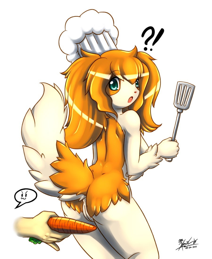 2011 anthro anus breasts canid canine canis carrot carrot_dildo chef clothing domestic_dog duo e621 female food food_fetish food_play genitals hat headgear headwear improvised_dildo improvised_sex_toy mammal mnxenx001 plant raised_tail side_boob simple_background tail vegetable vulva white_background