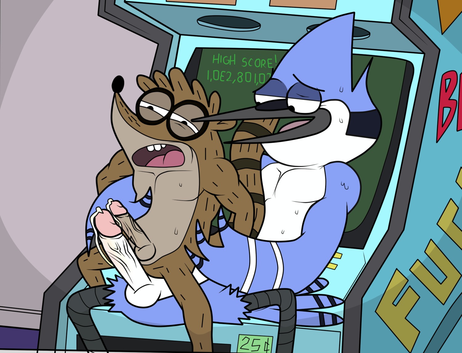 anthro athletic avian balls beak biceps bird black_nose blue_body blue_jay bodily_fluids brown_body brown_fur cartoon_network corvid cum cum_string digital_media_(artwork) duo e621 erection feathers frottage fur genital_fluids genitals grin hi_res humanoid_genitalia humanoid_penis iyumiblue jay_(bird) larger_male male male/male male_on_bottom male_on_top mammal mordecai_(regular_show) muscular new_world_jay nude on_bottom on_top open_mouth oscine passerine pecs penile penis penises_touching pose procyonid raccoon regular_show rigby_(regular_show) sex sitting size_difference smaller_male smile straddling sweat teeth tongue vein veiny_penis white_balls white_body