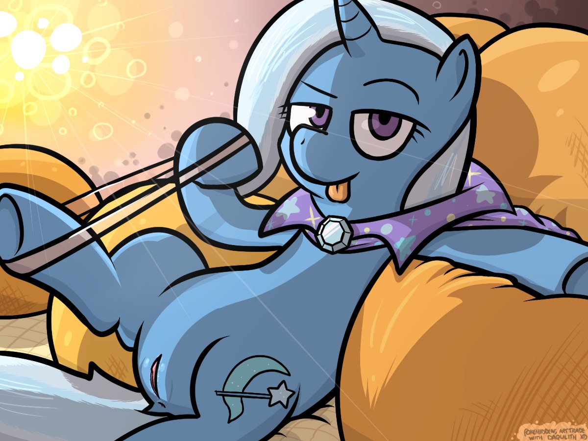 4:3 anus blue_body blue_fur cape clothing cutie_mark e621 equid equine female feral friendship_is_magic fur genitals hasbro horn looking_at_viewer lying mammal my_little_pony mythological_creature mythological_equine mythology onihidden purple_eyes solo tail tongue tongue_out trixie_(mlp) unicorn vulva