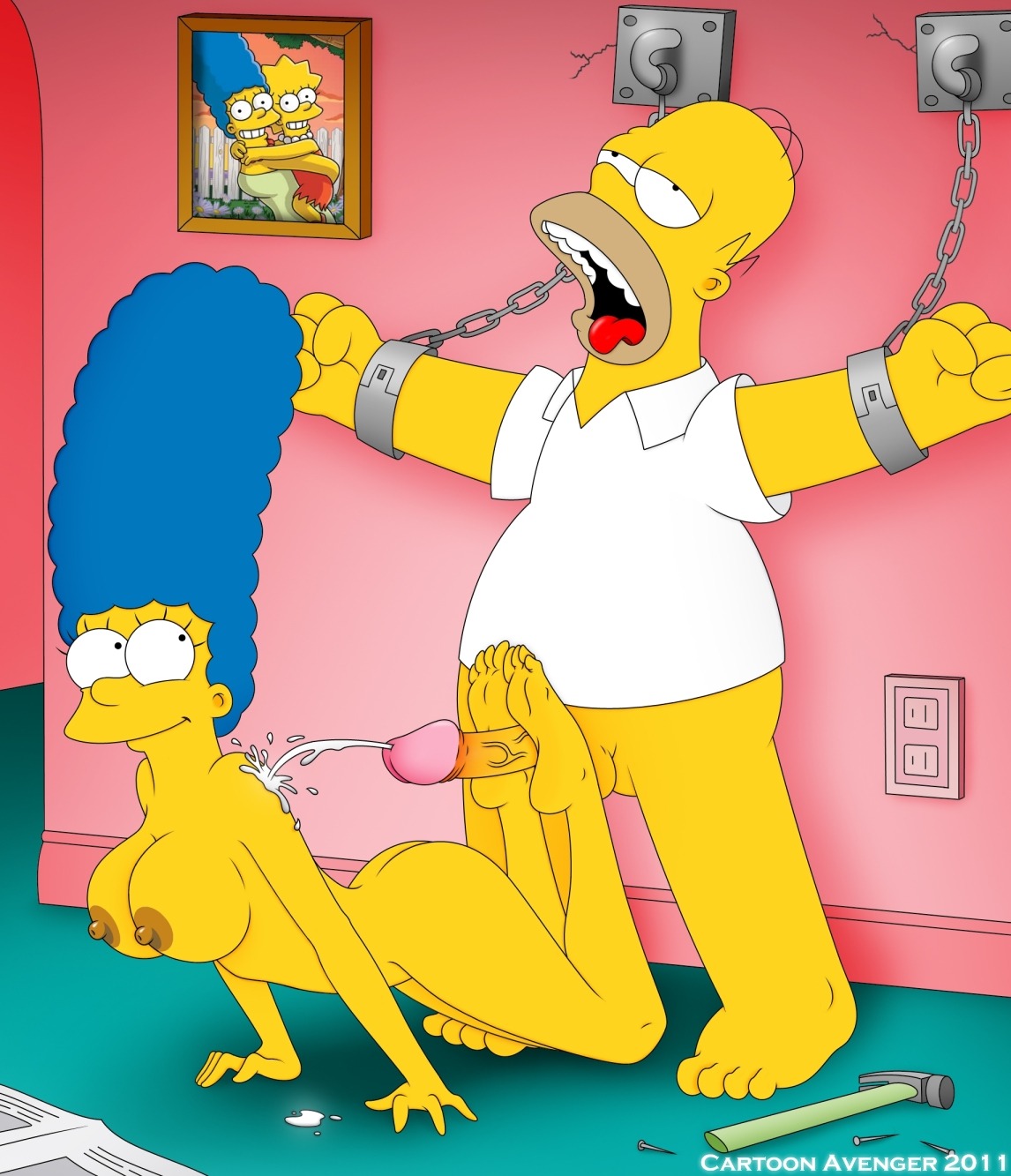 blue_hair bondage bound breasts cartoon_avenger chain color cum cum_on_body cumshot curly_hair exposed_breasts feet female femdom foot_fetish footjob hair hammer homer_simpson human indoors lisa_simpson long_hair male marge_simpson milf nail nude rule34 shackle smile soles straight the_simpsons toes tools yellow_body yellow_skin