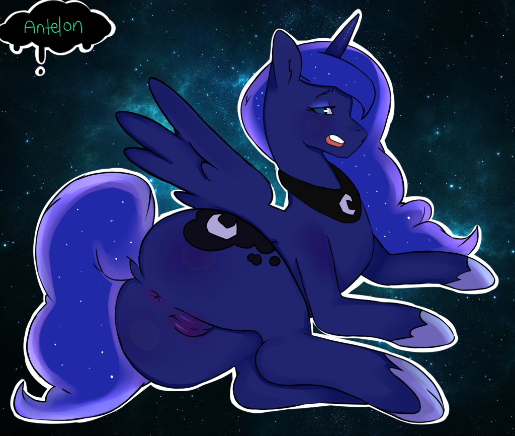 abstract_background antelon anus blue_body blue_eyes blue_feathers butt cutie_mark e621 equid equine feathered_wings feathers female feral friendship_is_magic genitals hair half-closed_eyes hasbro horn lying mammal my_little_pony mythological_creature mythological_equine mythology narrowed_eyes night on_side open_mouth presenting princess_luna_(mlp) simple_background solo vulva winged_unicorn wings