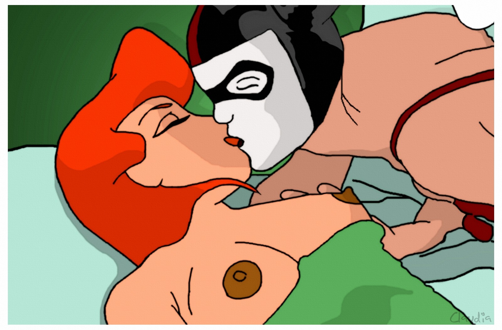 2girls batman:_the_animated_series batman_(series) breasts claudia-r dc dc_comics dcau female female_only harley_quinn harley_quinn_(classic) kissing multiple_females multiple_girls nipples poison_ivy poison_ivy_(dcau) red_hair rule34 yuri