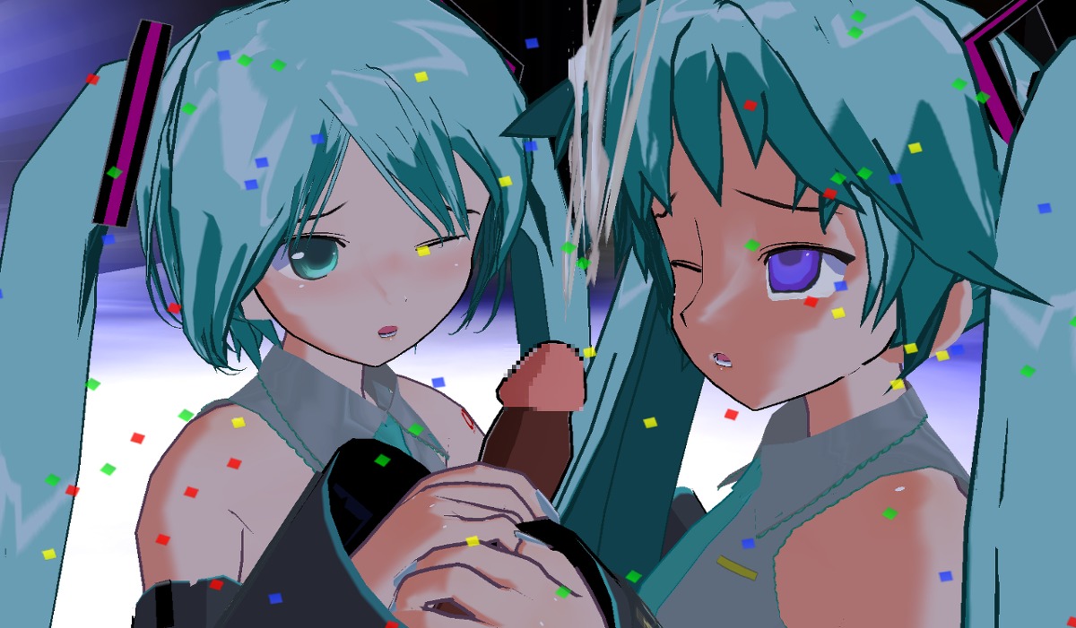1boy 2girls aqua_eyes aqua_hair censored cum detached_sleeves ejaculation female ffm_threesome group_sex handjob hatsune_miku hetero long_hair multiple_girls one_eye_closed open_mouth penis purple_eyes rule34 tagme threesome twintails vocaloid