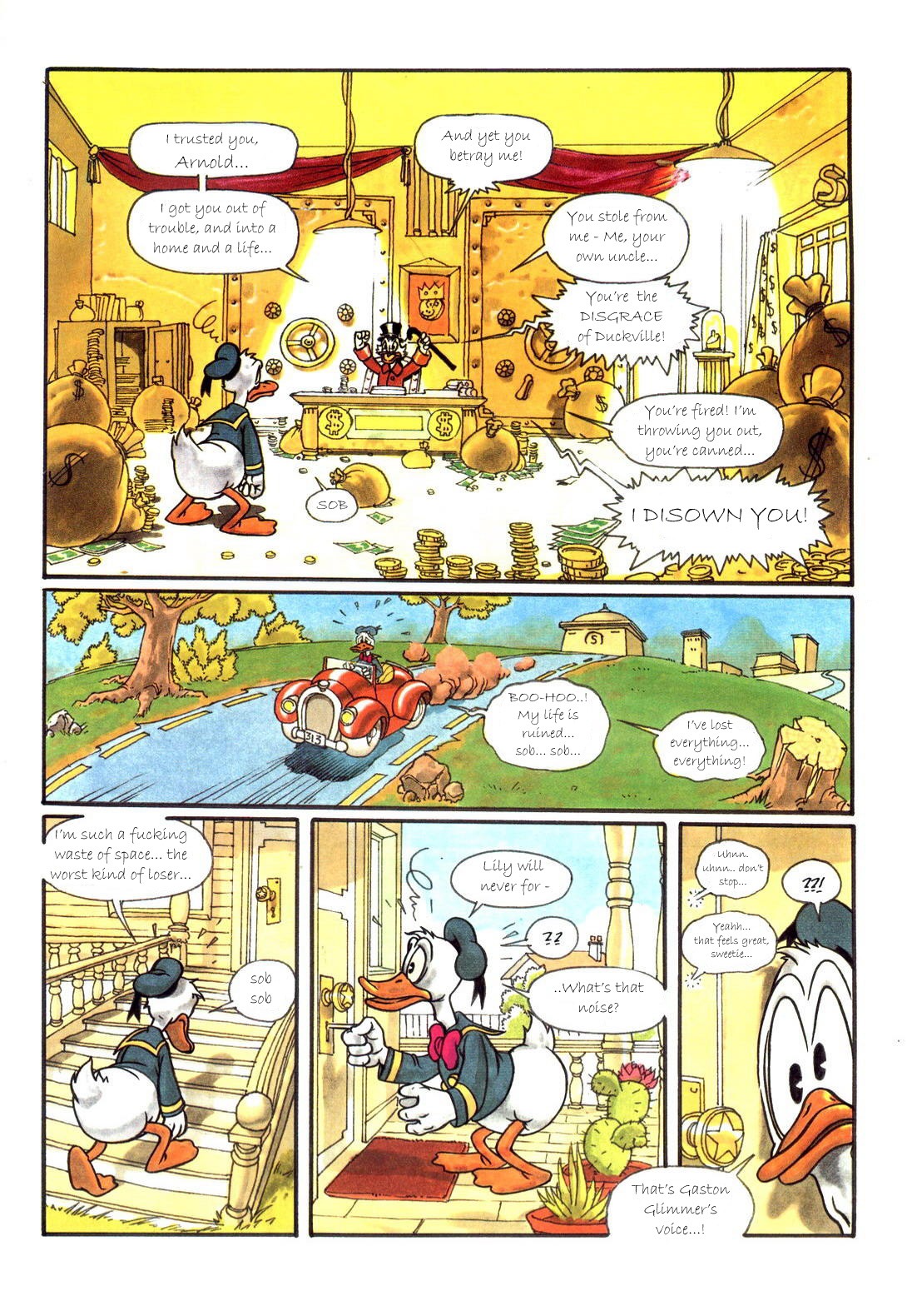 angry coins comic desperate disney dollar_sign donald_duck driving fired male male_only money money_bag money_bin rule34 scrooge_mcduck sobbing stack_of_coins tree trees violence