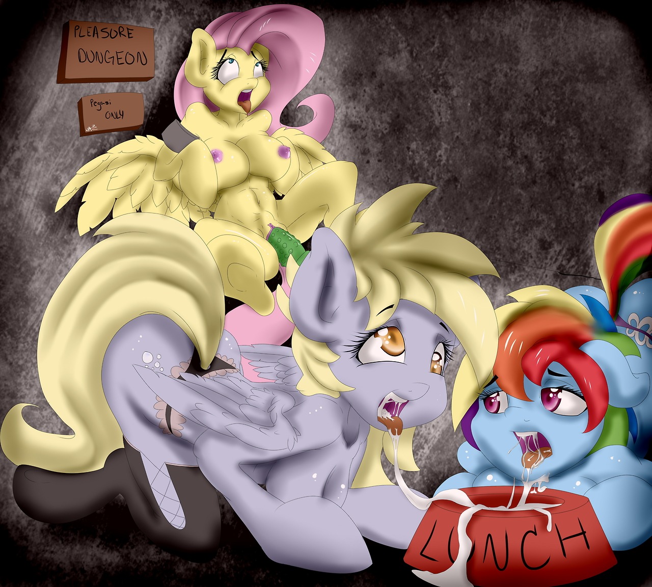 2014 abuse anthro anthrofied bdsm blonde_hair blue_body blue_fur bodily_fluids bowl breasts butt clothing container cum cutie_mark derpy_hooves_(mlp) dildo e621 english_text equid equine feathered_wings feathers female female/female fluttershy_(mlp) friendship_is_magic fur genital_fluids genitals grey_body grey_feathers grey_fur group hair hasbro horse inside long_hair mammal multicolored_hair my_little_pony mythological_creature mythological_equine mythology navel nipples open_mouth panties pegasus penetration pet_bowl pink_hair pony rainbow_dash_(mlp) rainbow_hair sex_toy sign text tongue tongue_out underwear vaginal vulva wazzart wings yellow_body yellow_feathers yellow_fur