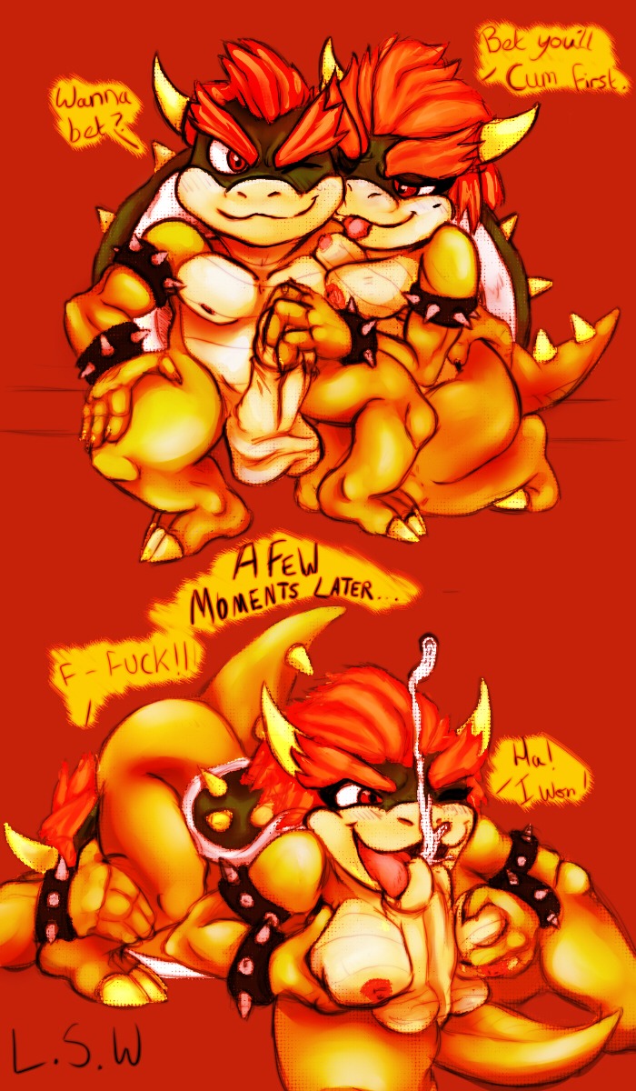 1boy 1girls anthro anthro_on_anthro areolae balls bedroom_eyes bowser breasts crossgender cum cumshot ejaculation female female_bowser hand_on_penis holding_breasts lopsidedworld male male/female mario_(series) nintendo nipples one_eye_closed penis rule34 rule_63 selfcest sex titjob