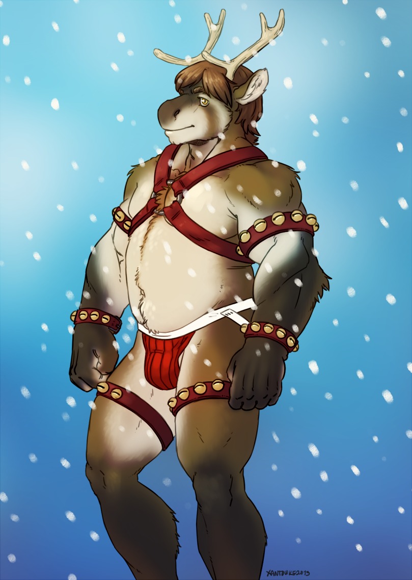 2013 anthro antlers balls barely_visible_balls barely_visible_genitalia bell belly biceps brown_hair bulge clothing deer e621 genitals hair harness horn jockstrap looking_at_viewer male mammal muscular muscular_male new_world_deer outside overweight overweight_male pecs reindeer slightly_chubby snow snowing solo underwear xantouke yellow_eyes