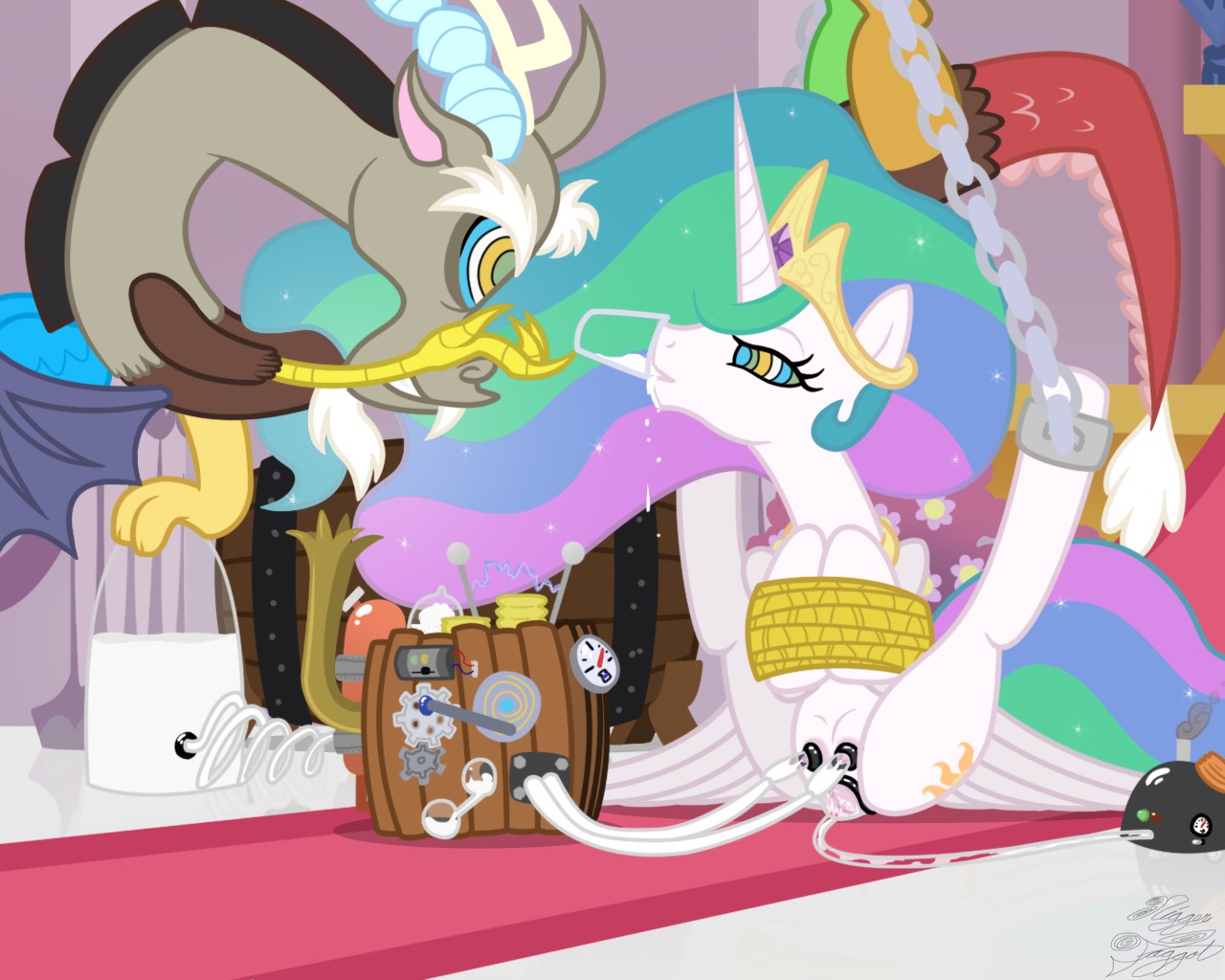 5:4 antlers bdsm blue_body blue_feathers bodily_fluids bondage bound breast_milking chimera crown cuff_(restraint) cutie_mark discord_(mlp) draconequus drinking duo e621 equid equine facelessjr facial_hair feathered_wings feathers female feral friendship_is_magic genital_fluids genitals glass hair hasbro headgear horn hypnosis lactating long_hair machine male mammal membrane_(anatomy) membranous_wings milk milking_machine mind_control multicolored_hair my_little_pony mythological_creature mythological_equine mythology nipples on_model princess_celestia_(mlp) restraints rope royalty shackles spread_legs spreading teats vaginal_fluids vulva white_body white_feathers winged_unicorn wings