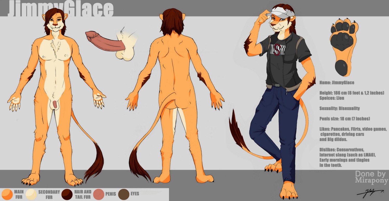 4_claws 4_toes 5_fingers absurd_res anthro balls barbed_humanoid_penis barefoot biped black_claws black_clothing black_shirt black_topwear blue_bottomwear blue_clothing blue_pants bottomwear brown_body brown_fur brown_hair brown_tail brown_tuft butt character_description character_name claws clothed clothing countershade_fur countershade_torso countershading dark_claws dark_clothing dark_hair dark_shirt dark_topwear denim denim_bottomwear denim_clothing dipstick_tail e621 erection feet felid fingers flaccid fully_clothed fur genitals grey_clothing grey_hat grey_headwear grey_text hair hat headgear headwear hi_res hindpaw humanoid_genitalia humanoid_penis hybrid_genitalia hybrid_penis inner_ear_fluff jeans jimmyglace lion male mammal markings mirapony model_sheet monotone_butt monotone_clothing monotone_hair monotone_hat monotone_headwear multicolored_body multicolored_fur multicolored_tail nude orange_body orange_butt orange_ears orange_feet orange_fur orange_tail pantherine pants paws penile_spines penis plantigrade shirt solo standing t-shirt tail tail_markings tail_tuft text thin_tail toe_claws toes topwear tuft two_tone_tail vest visor visor_cap white_body white_countershading white_fur