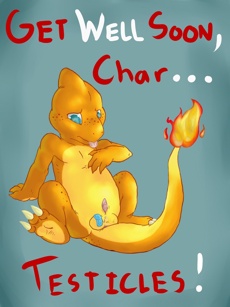 balls band-aid bandage blue_eyes char_(character) charmander e621 english_text fire flaming_tail freckles generation_1_pokemon genitals lizard male nintendo nude orange_body orange_skin penis penis_tip pokemon pokemon_(species) reptile sarvix scalie simple_background sitting solo tail text tongue tongue_out