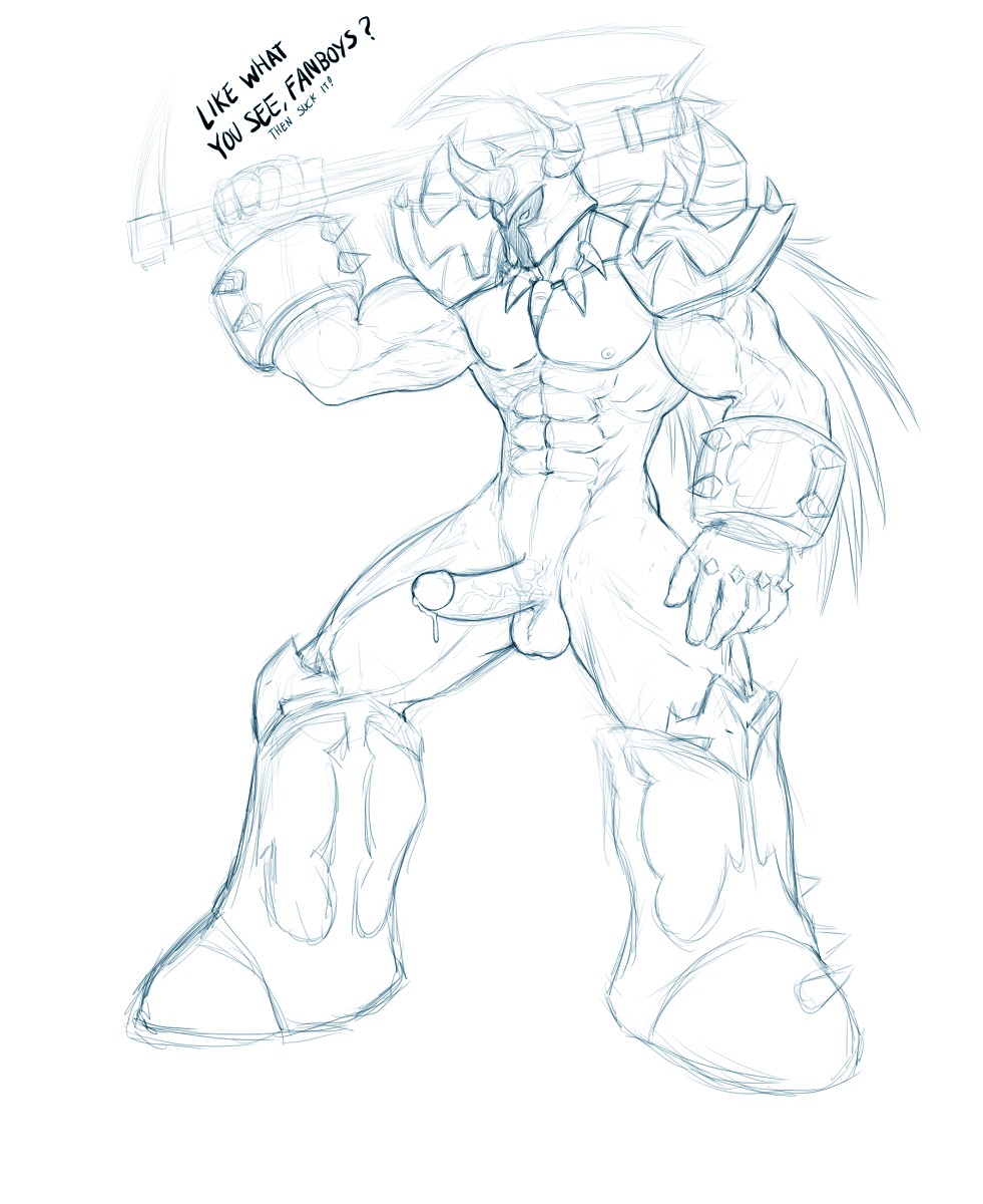axe dialogue english_text erection human league_of_legends male male_only mordekaiser nude penis rule34 simple_background solo text uncensored weapon white_background