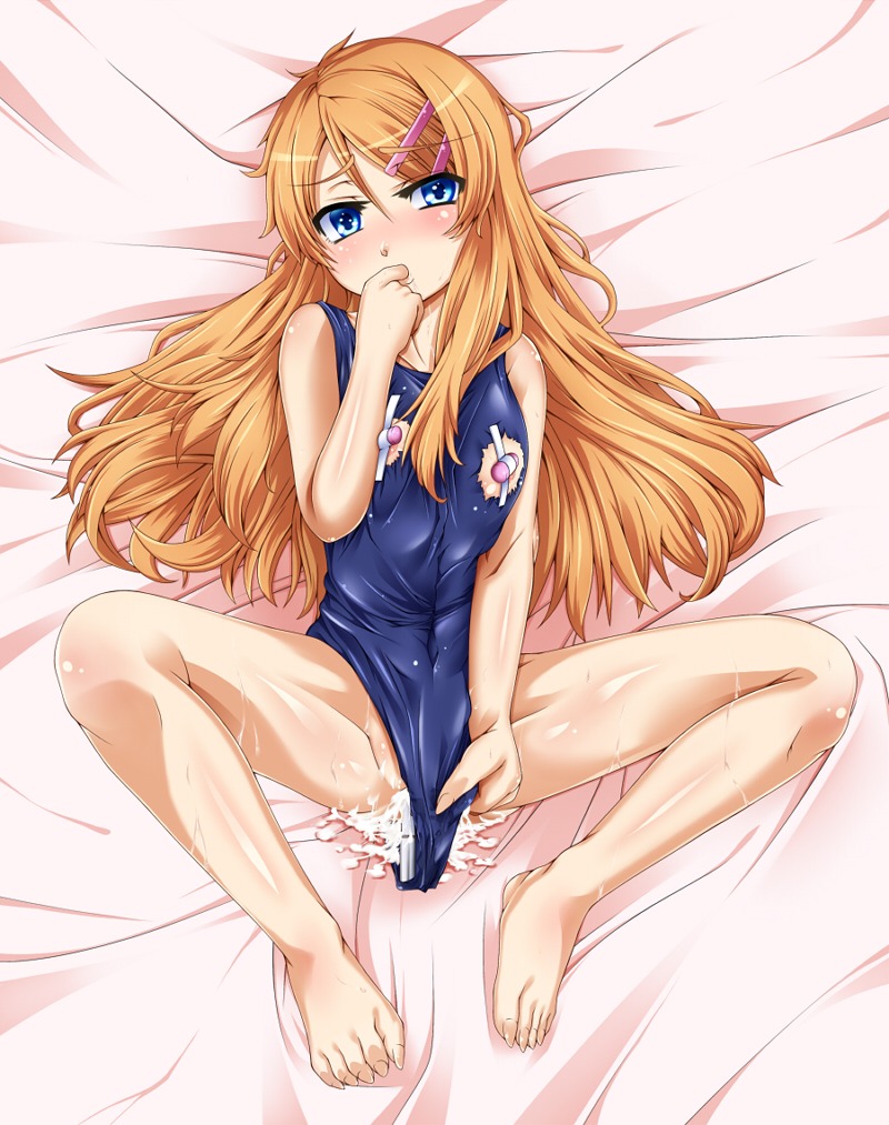 ahika_(akihasakuri) bad_feet barefoot blush cum feet female female_only finger_in_mouth finger_sucking hairclip human kousaka_kirino orange_hair ore_no_imouto_ga_konna_ni_kawaii_wake_ga_nai rule34 solo swimsuit vibrator