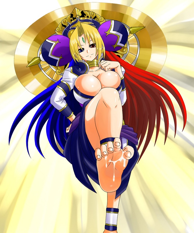 1girls baranshiru barefoot breasts clothing cum female female_only goddess heterochromia large_breasts long_hair mammal_humanoid multicolored_hair rule34 shinrabanshou solo tagme