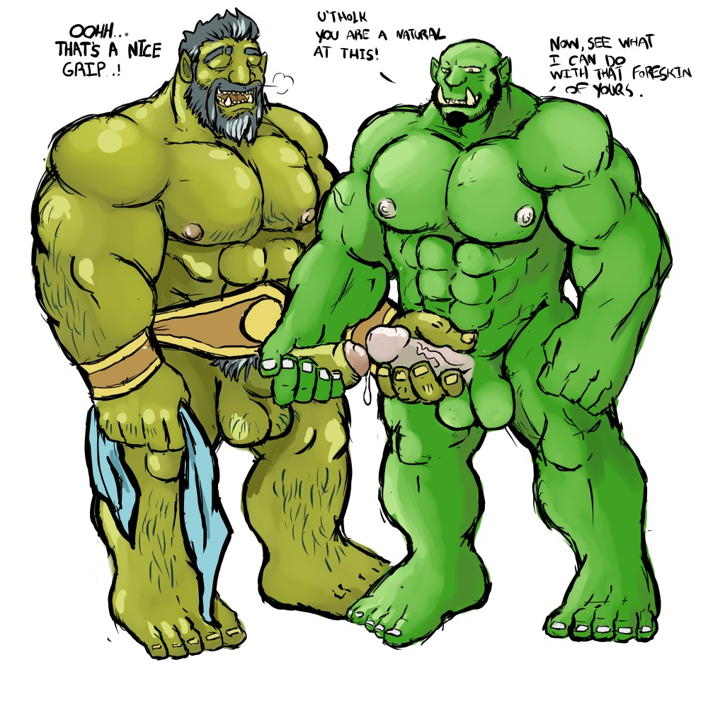 1:1 abs balls beard belt biceps big_muscles black_hair bodily_fluids bracelet dialogue duo e621 english_text erection facial_hair foreskin genital_fluids genitals goatee grey_hair grin hair handjob humanoid humanoid_genitalia humanoid_penis jewelry male male/male montezuma_(artist) muscular muscular_male mutual_handjob mutual_masturbation not_furry nude orc partially_retracted_foreskin pecs penile penis precum pubes sex simple_background smile text tusks vein