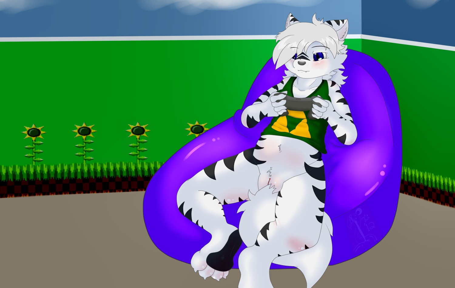 4_toes anthro bean_bag blue_eyes bottomless breasts canid canine clothed clothing controller e621 feet female fluffy game_controller genitals hair hi_res hindpaw mammal mishelle navel nintendo paws sega solo sonic_the_hedgehog_(series) tail the_legend_of_zelda toes triforce triforce_clothing triforce_topwear twifoxy vulva wide_hips