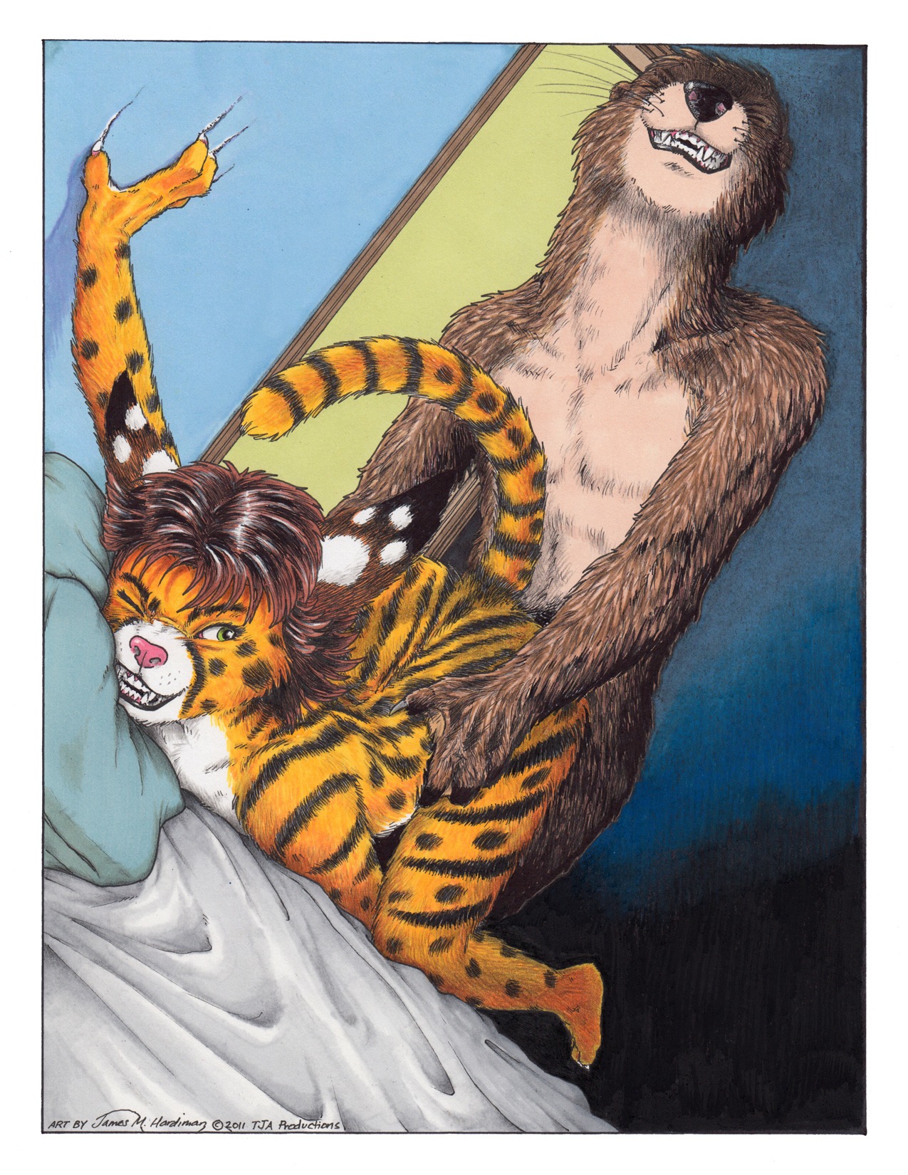 2011 all_fours anthony_(cnc) anthro ass_up bed bed_sheet bedding belly black_nose brown_body brown_fur brown_hair cats_n'_cameras clawing_wall claws duo e621 eyes_closed feet felid feline female fur furniture green_eyes hair hi_res james_m_hardiman looking_back looking_pleasured male male/female mammal manila_doyle markings mature_anthro mature_female membrane_(anatomy) mustelid nude one_eye_closed open_mouth otter pillow pink_nose serval sex tail toes traditional_media_(artwork) webbed_hands whiskers white_belly white_body white_fur yellow_body yellow_fur