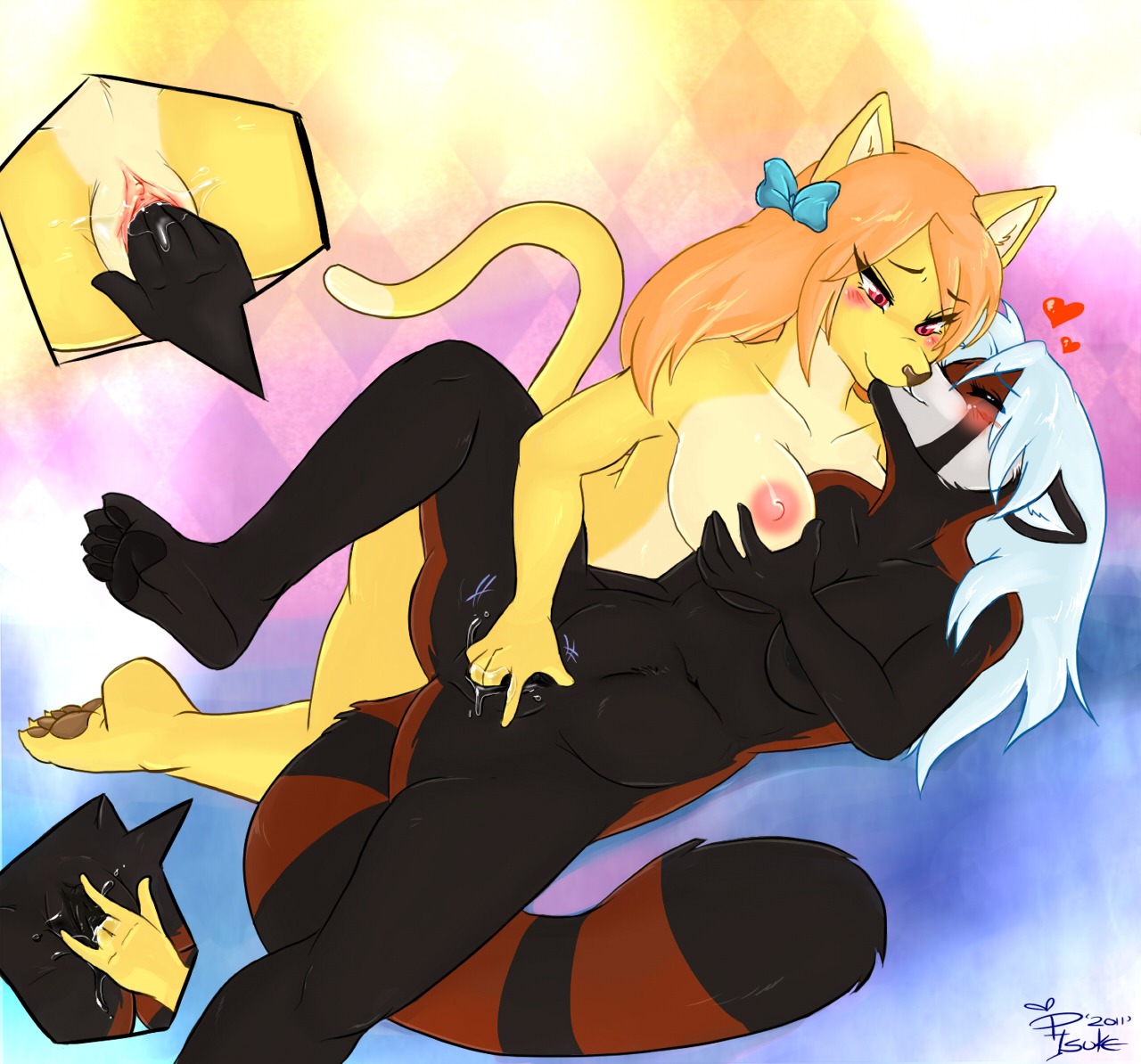 2011 abstract_background accessory ailurid angelina_onyx anthro anthro_on_anthro blonde_hair blush bodily_fluids bow_(feature) bow_accessory bow_ribbon breast_fondling breast_play breast_squish breasts breasts_frottage claws clitoris close-up cum deity domestic_cat duo e621 felid feline felis female female/female fingering fingering_partner fondling from_behind_position genital_fluids genitals grope hair hair_accessory hair_bow hair_ribbon half-closed_eyes hand_on_breast heart_symbol inner_ear_fluff kiss_on_lips kissing mammal markings masturbation mutual mutual_fingering mutual_masturbation mutual_vaginal narrowed_eyes navel nipples nude pawpads phuufy raised_leg reach_around red_eyes red_panda ribbons ring_(marking) ringed_tail sex spread_legs spreading squish striped_markings striped_tail stripes tail tail_markings toe_claws tuft vaginal vaginal_fingering vaginal_fluids vulva white_hair