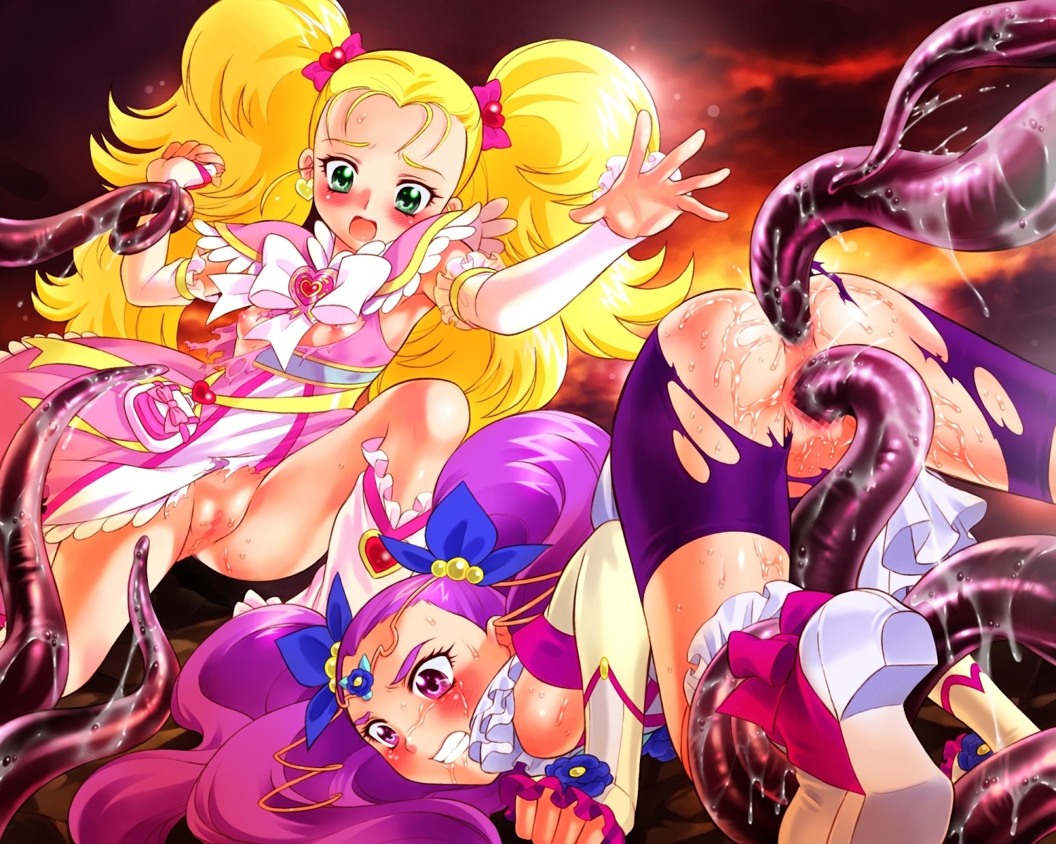 blonde_hair blush censored clothing dress female flat_chest futari_wa_precure kujou_hikari magical_girl milky_rose mimino_kurumi nekozawa_yukari precure pretty_cure rule34 shiny_luminous shorts sippo-soft tagme tentacle tentacles torn_clothes yes!_precure_5