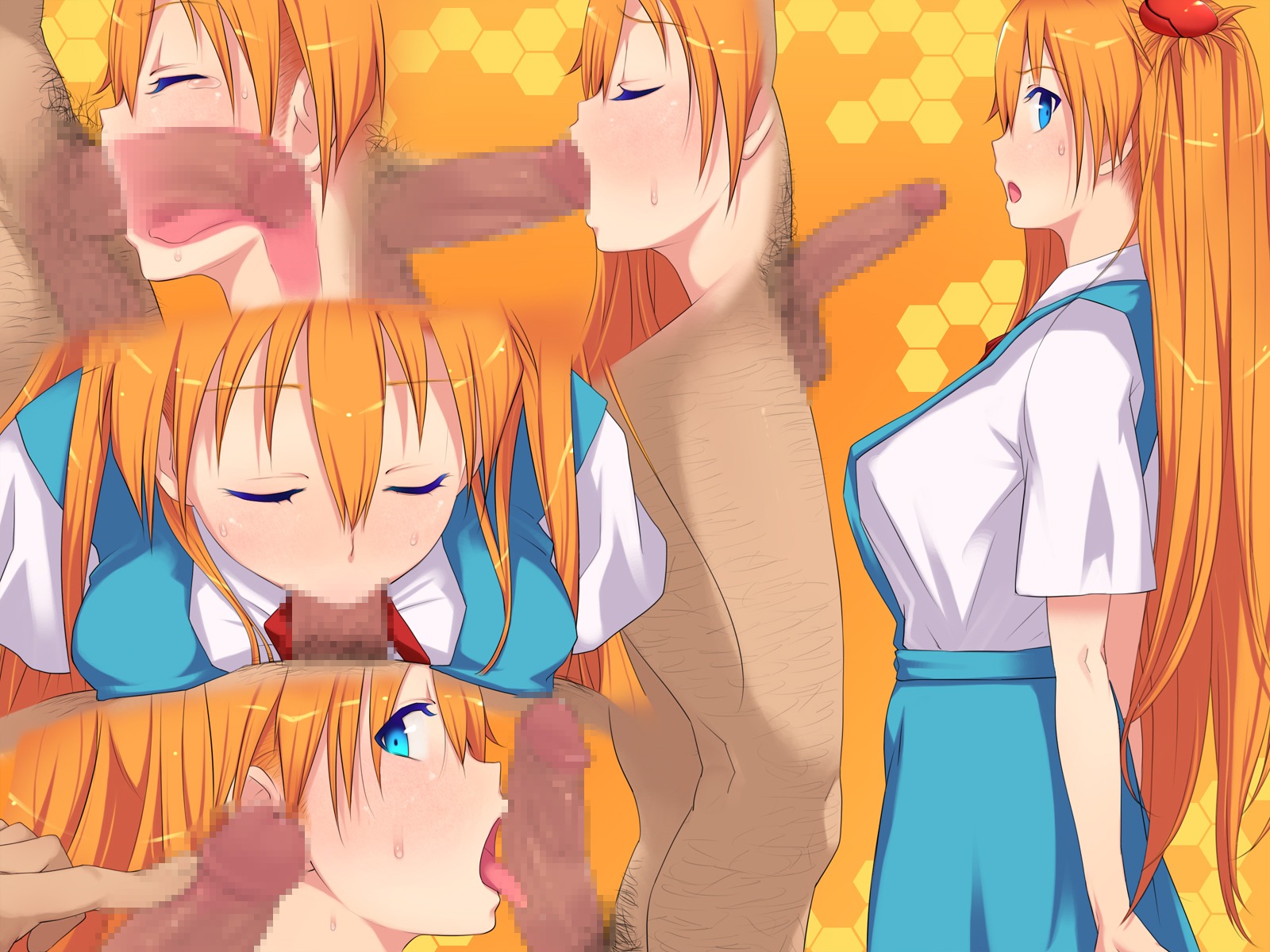 asuka_langley_sohryu blush breast_press breasts censored closed_eyes clothing colored_eyelashes deepthroat eyelashes fellatio female hair high_school_student highres human large_breasts licking long_hair male male_pubic_hair neon_genesis_evangelion open_mouth oral orange_hair penis pink_doragon pubic_hair rule34 school_skirt school_uniform schoolgirl schoolgirl_uniform seifuku serafuku skirt straight student student_life sweat tear threesome tongue very_long_hair x-ray