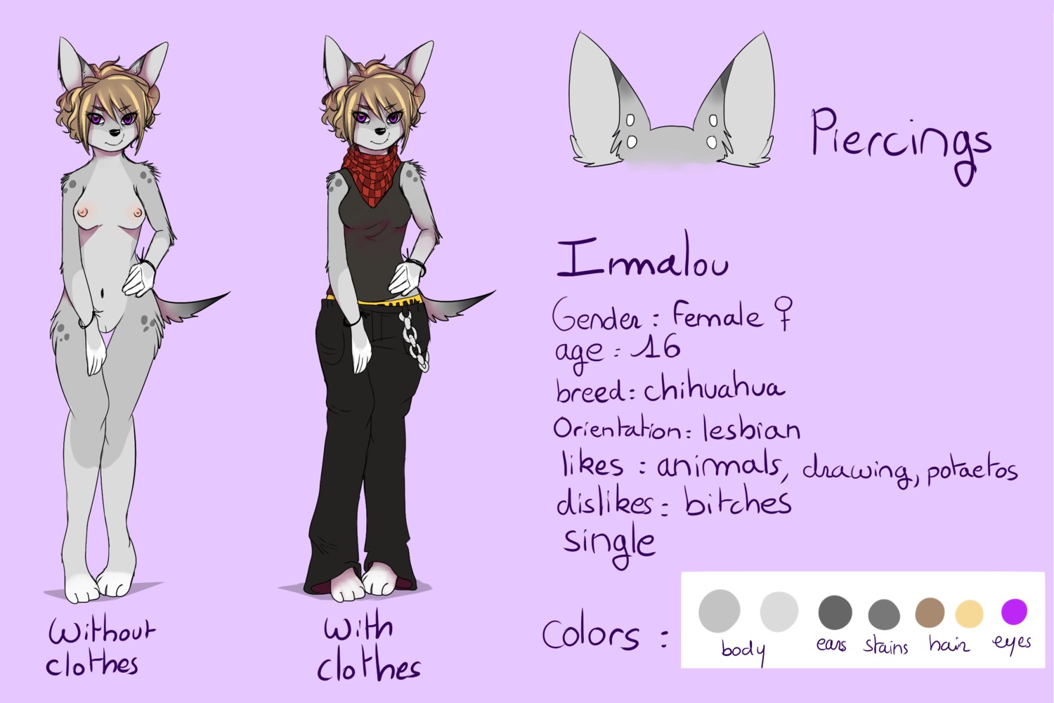 anthro areola biped blonde_hair breasts canid canine canis chain chihuahua clothing domestic_dog e621 english_text female genitals hair hi_res imalou mammal model_sheet navel nipples nude off/on piercing profanity purple_background purple_eyes simple_background solo standing text toy_dog vulva