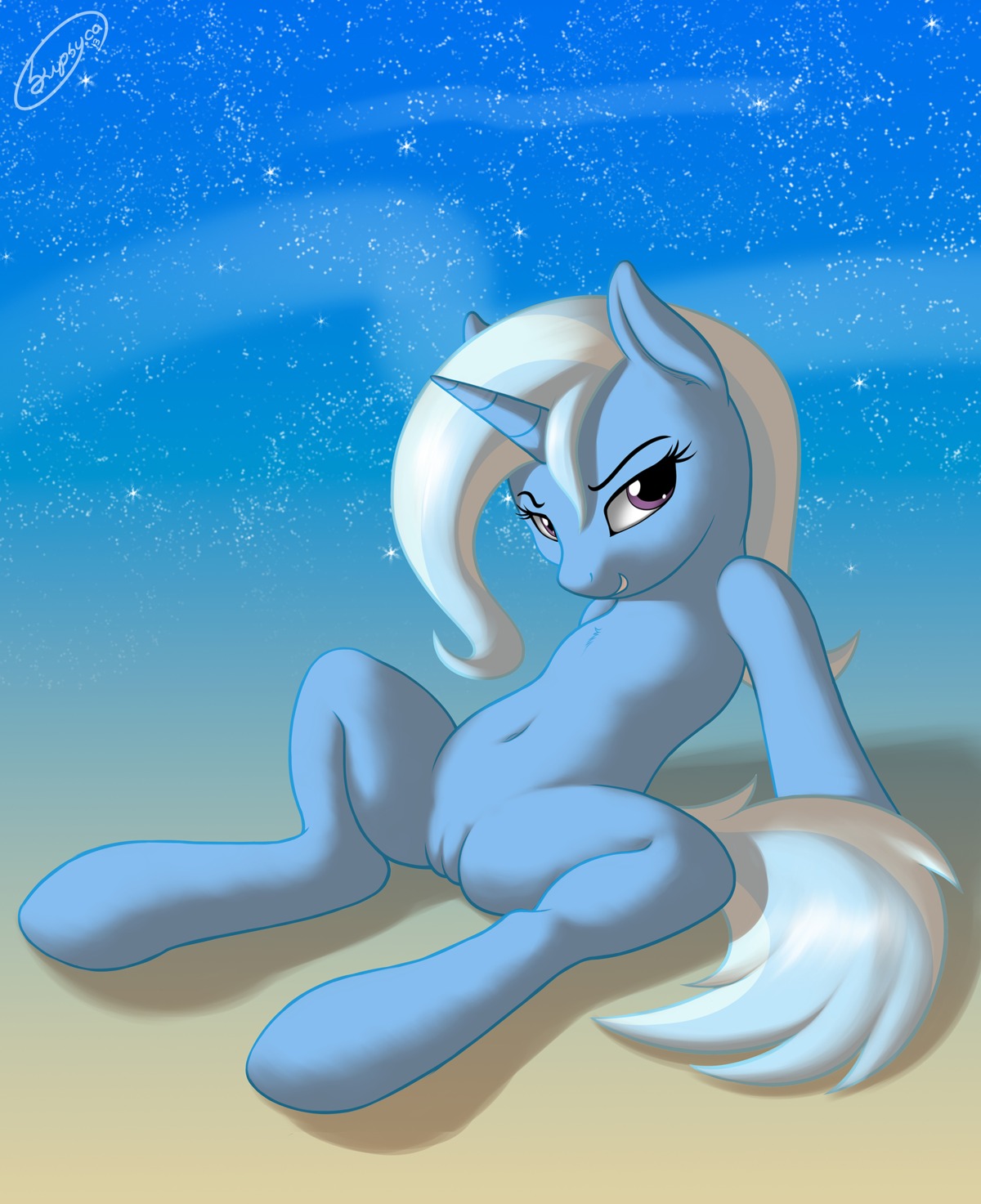 2013 absurd_res blue_body blue_fur e621 equid equine female feral flat_chested friendship_is_magic fur genitals hair hasbro hi_res horn inviting long_hair looking_at_viewer mammal multicolored_hair my_little_pony mythological_creature mythological_equine mythology navel nude outside purple_eyes simple_background sitting skipsy sky smile solo spread_legs spreading star tail trixie_(mlp) two_tone_hair unicorn vulva